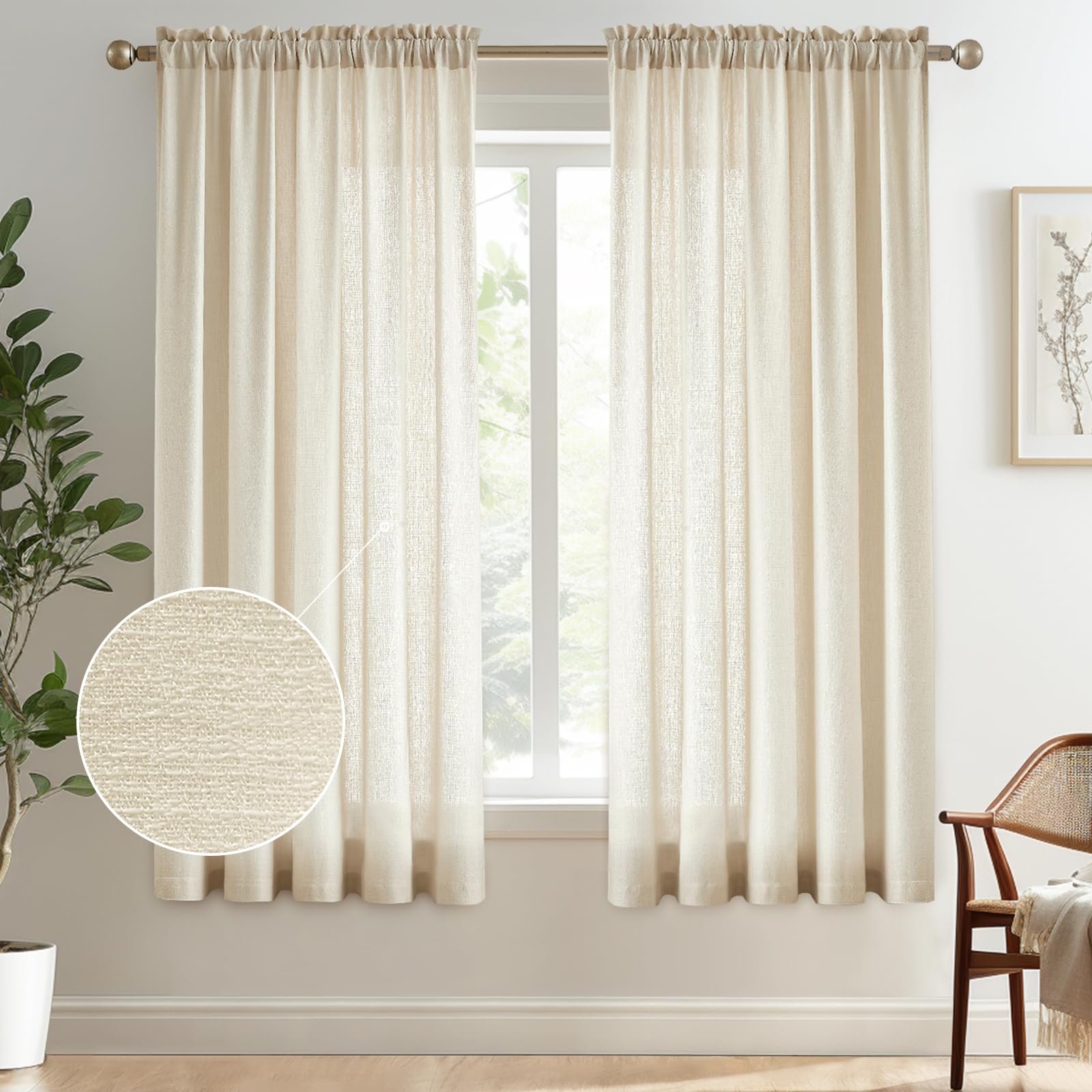 Melodieux Beige Semi Sheer Curtains 72 Inches Long for Bedroom, Living Room Linen Look Privacy Window Rod Pocket Sheer Drapes, 5