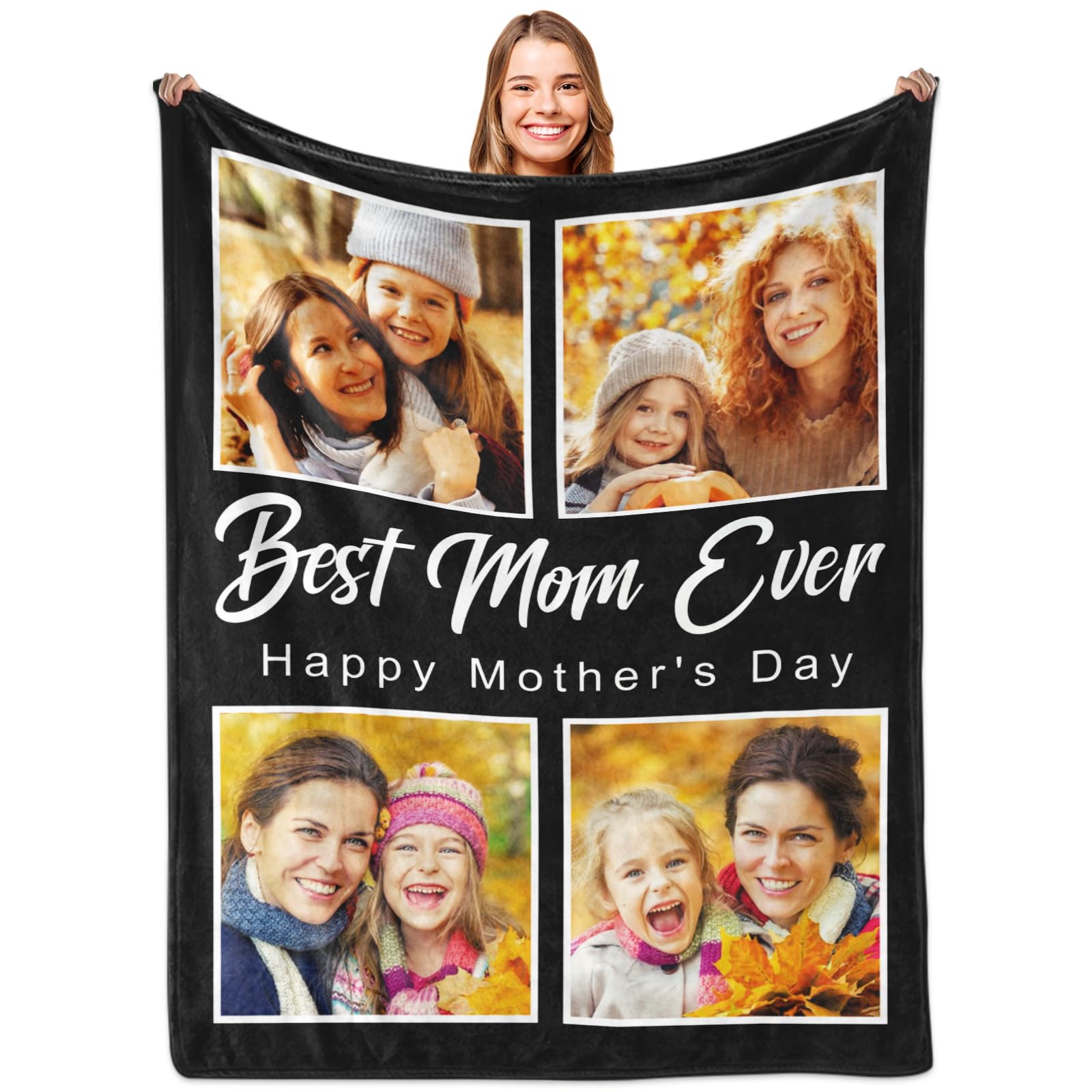 Yoke Style Custom Photo Blankets For Mom, Christmas Customized Throw Blankets With Pictures & Text, Personalized Birthday Gifts