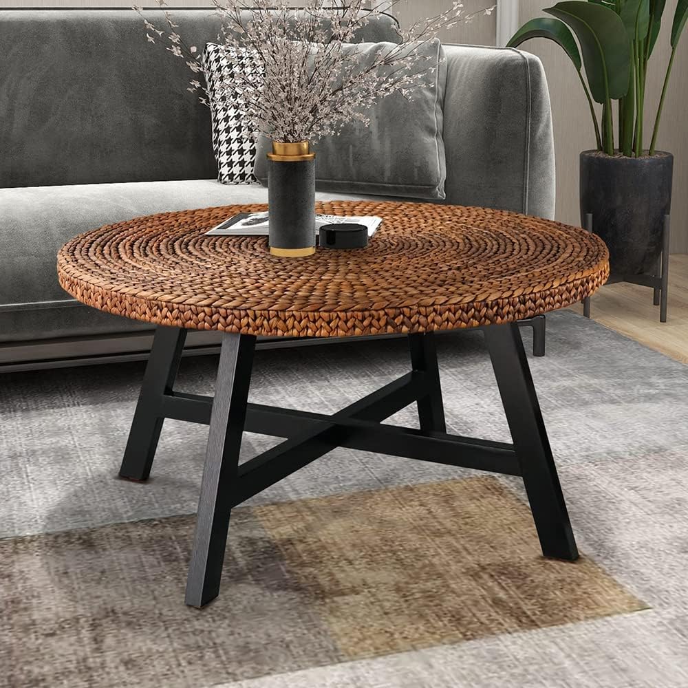 RANDEFURN Round Coffee Table, Seagrass Coffee Solid Pine Wood X Base Frame Cocktail Table, Easy Assembled, Multiple Sizes for Li