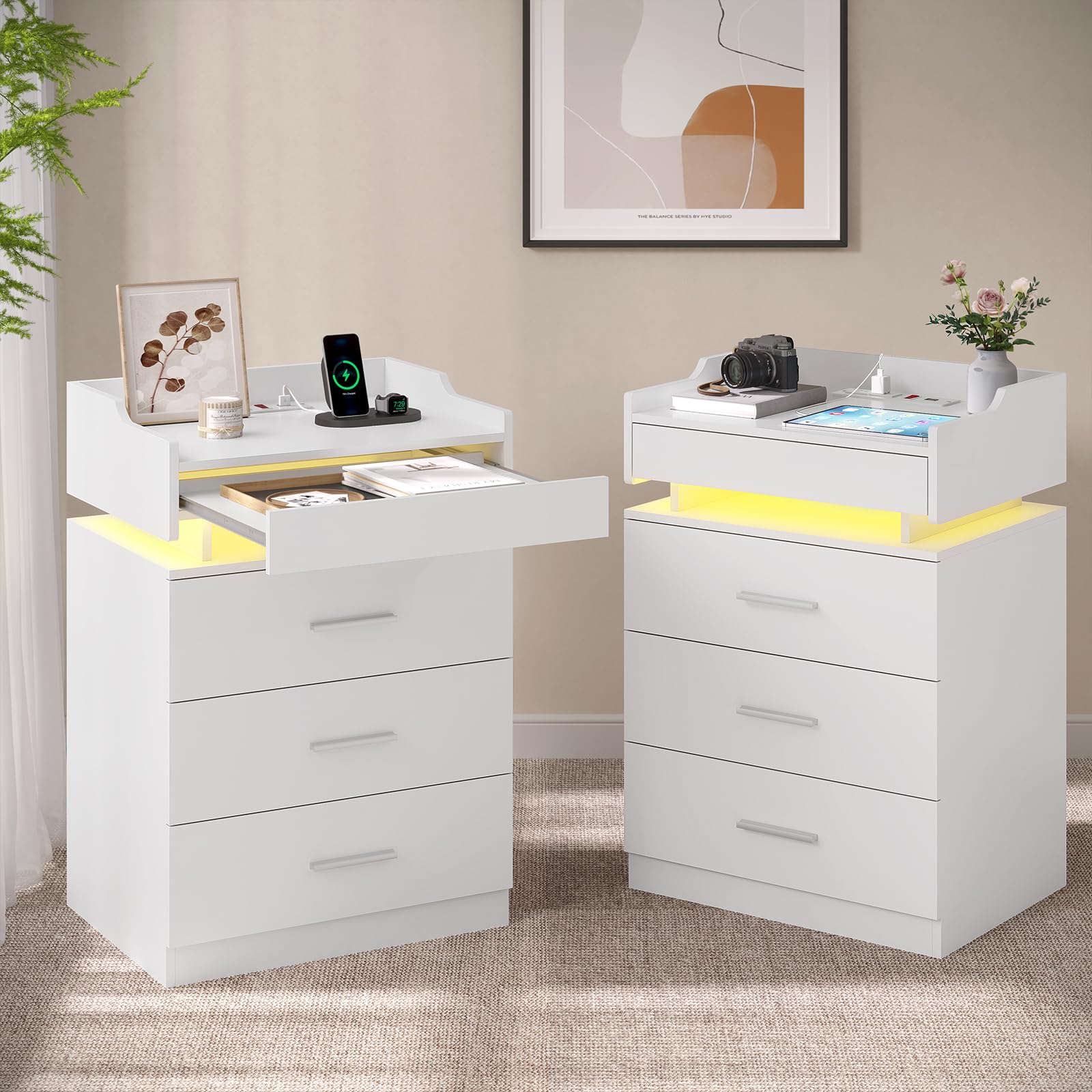 HAUOMS White Nightstand Set of 2,LED Night Stand with Charging Station & Pull-Out Tray,Bedside Table with Drawers,Modern End Tab