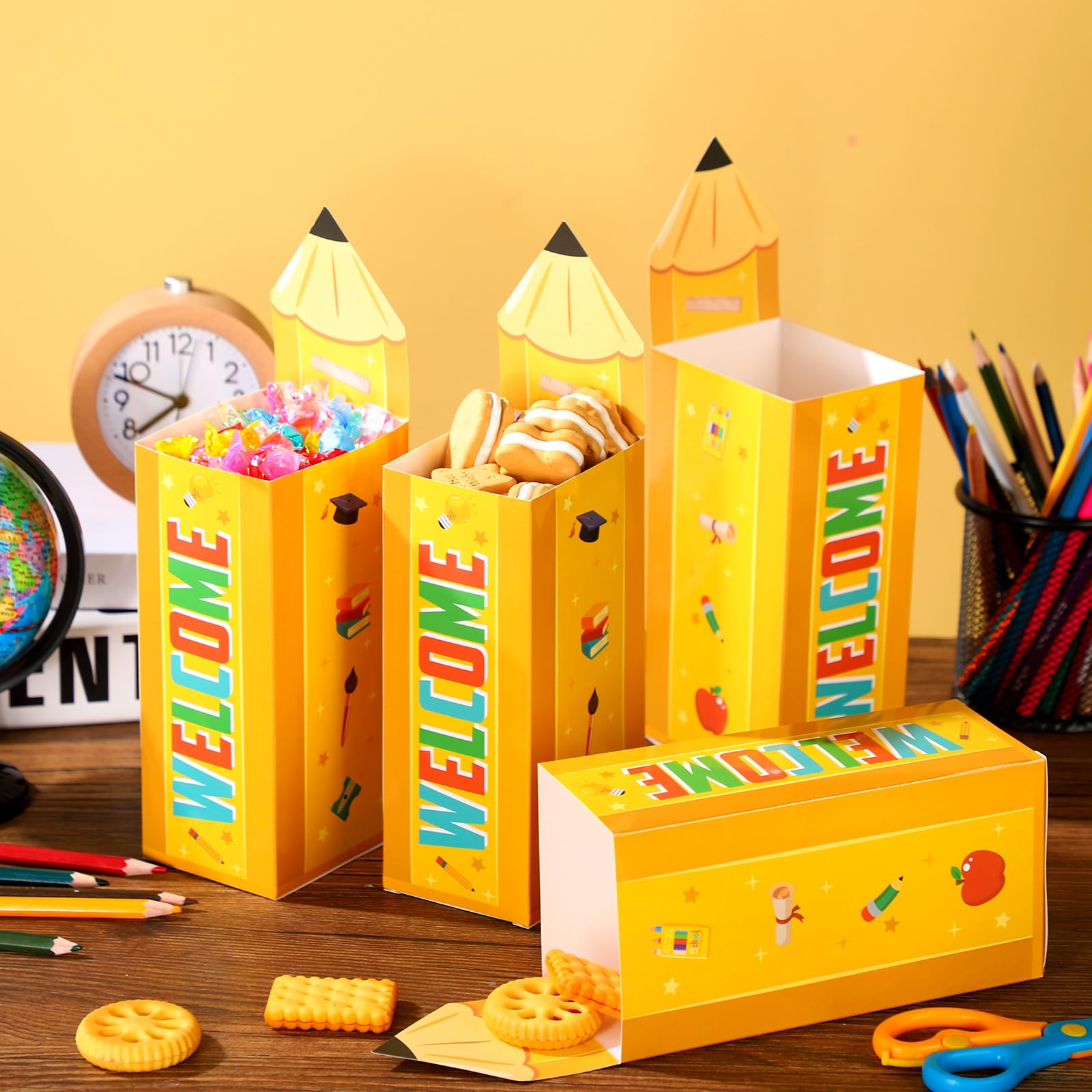 Humyoun 48 Pcs Back To School Pencil Candy Boxes Thanks Teacher Popcorn Holders Pencil Shaped Gift Box Classroom Decorations For