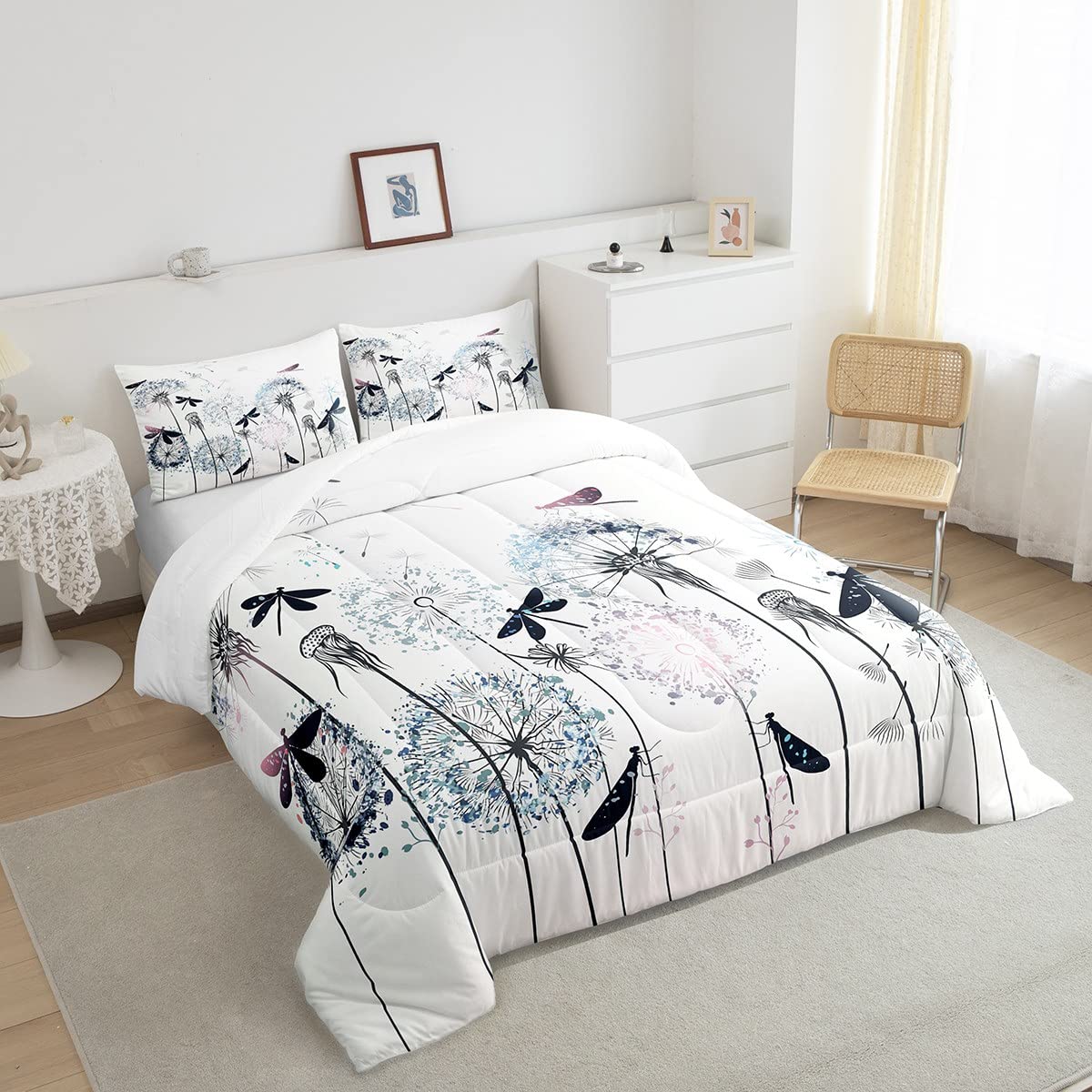 Castle Fairy Dragonfly Comforter Set Full Size,Colorful Dandelion Bedding 3Pcs For Kids Girls Woman Adult Room Decor,Nature Flying Animals Plants Quilt Modern Boho Duvet Insert,2 Pillowcases,White