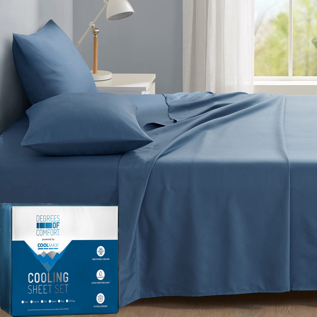 Degrees Of Comfort Coolmax Cooling Sheets | Queen Size Bed Sheet Set For Hot Sleepers | Soft Fabric With Deep Pocket, Blue 4Pc
