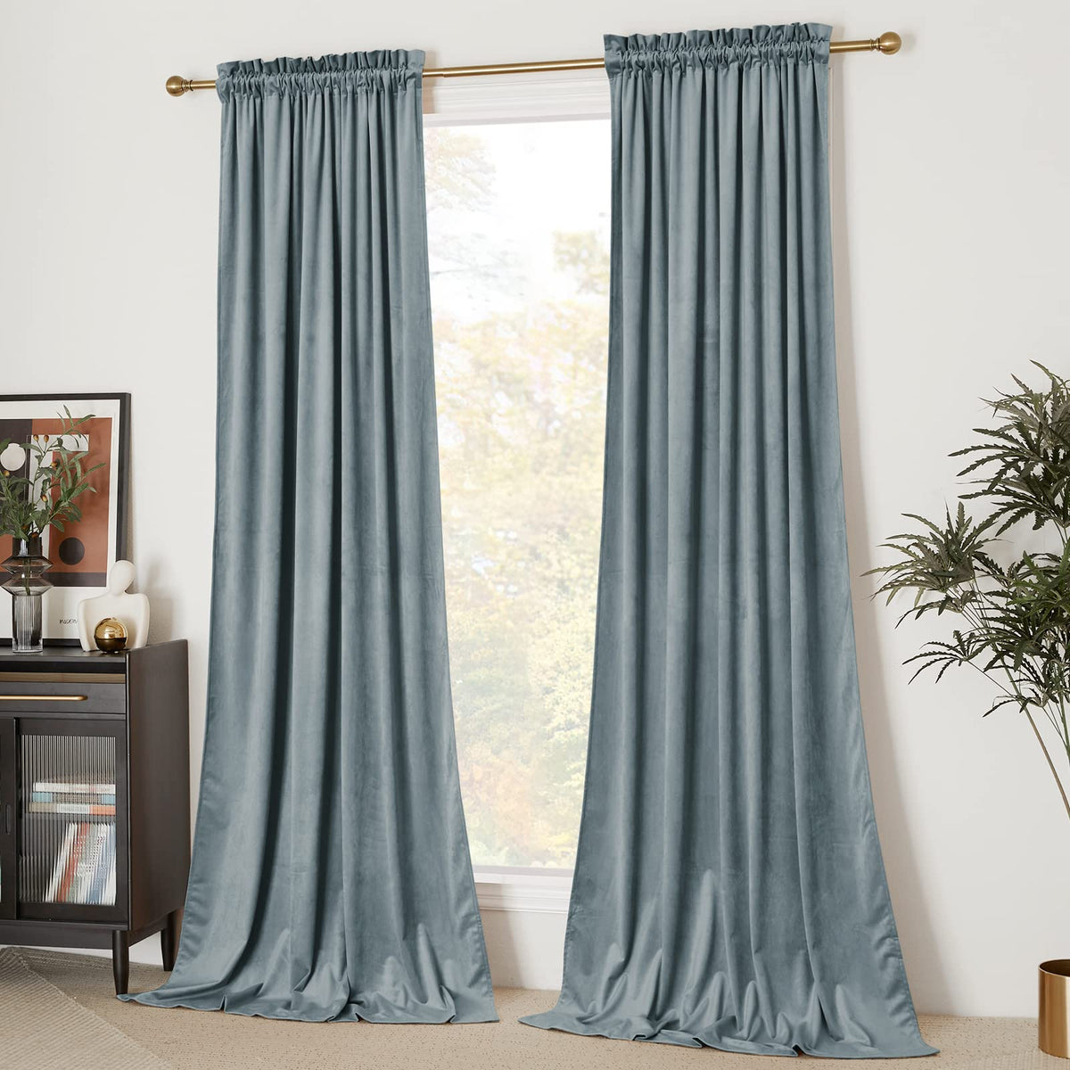 Nicetown Velvet Curtains 84' Length For Bedroom Living Room, Stone Blue Room Darkening Velvet Curtains Thermal Insulated, Luxur