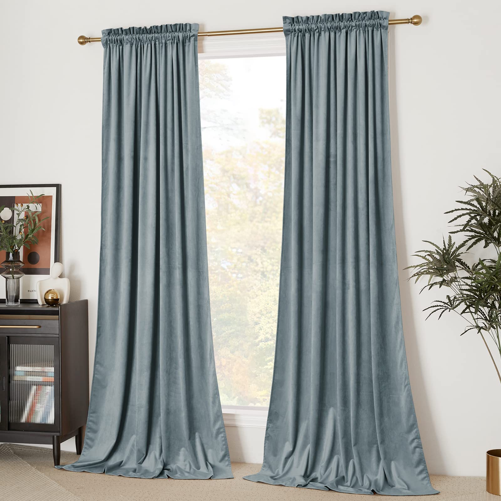 Nicetown Stone Blue Velvet Room Darkening Curtains, Home Decor Light Blocking Thermal Insulated Drapes For Theater And Movie Roo