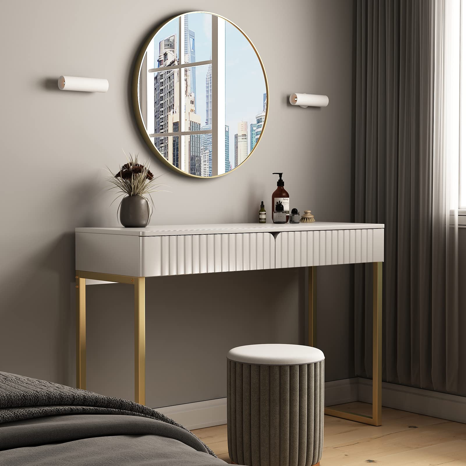Tamworth Design Elegant Modern Desk, 2 Drawers, Gold Legs, 43.3X15.75 Inches, Home Office, Makeup Vanity, Computer, Writing, Study, Entryway, Sofa Table