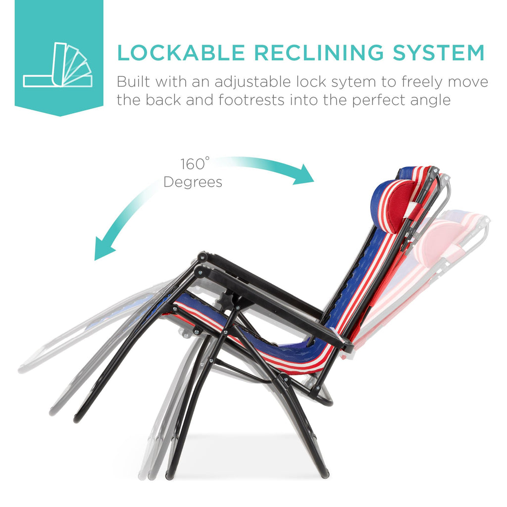 Best Choice Products Folding Zero Gravity Outdoor Recliner Patio Lounge Chair W/Adjustable Canopy Shade, Headrest, Side Accessory Tray, Textilene Mesh - American Flag