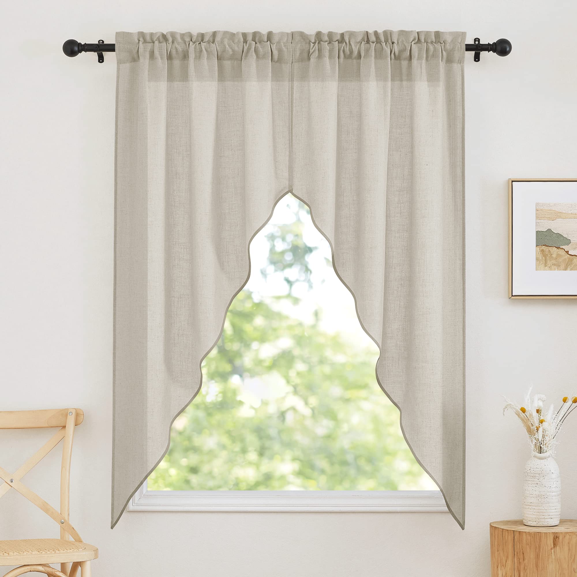 RYB HOME Kitchen Window Curtains - Linen Textured Sheer Curtains Privacy Short Cafe Curtains Rod Pocket Window Topper Decor for 