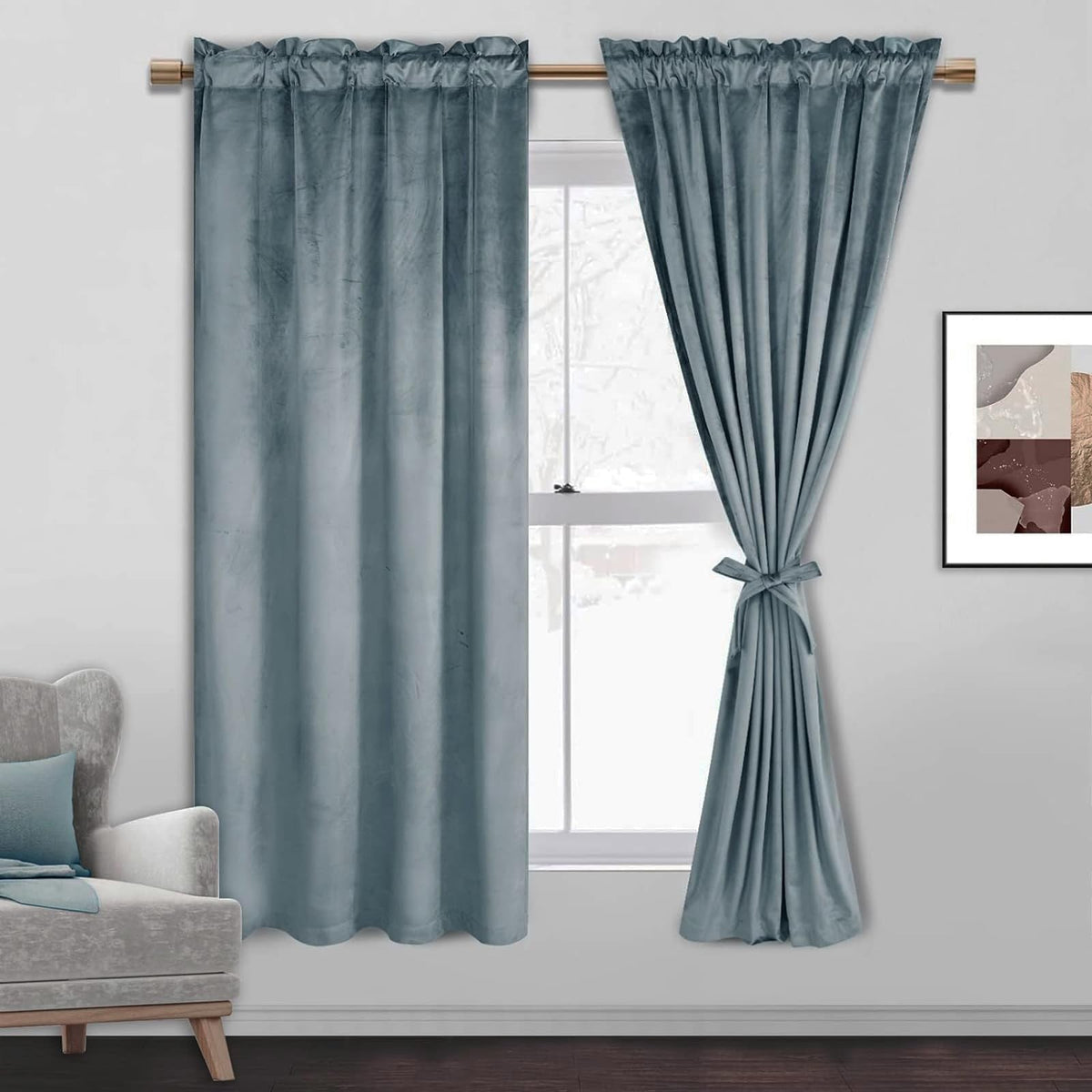 Jiuzhen Stone Blue Velvet Curtains & Drapes Elegant Blue Home Decoration Privacy Protect Room Darkening Rod Pocket Blackout Drap