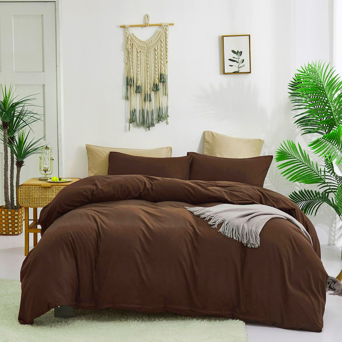 KAREVER Brown 3Pcs Bedding Set (Twin) - Chestnut Brown Comforter, Solid Pattern, All Season, Cotton Surface, Lightweight, Fade-R