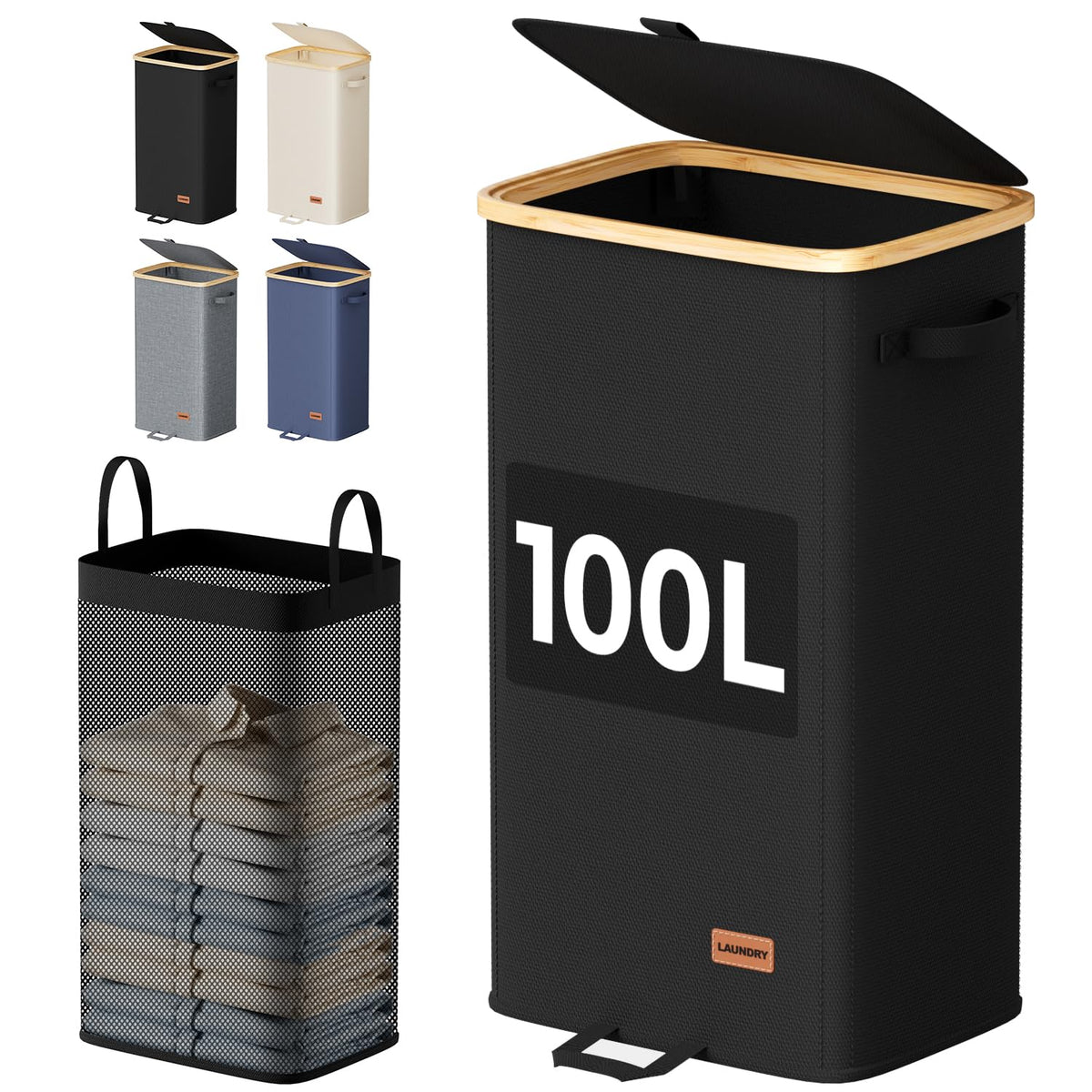 Hosynwin 100L Laundry Hamper with Lid, Large Clothes Hamper, Black