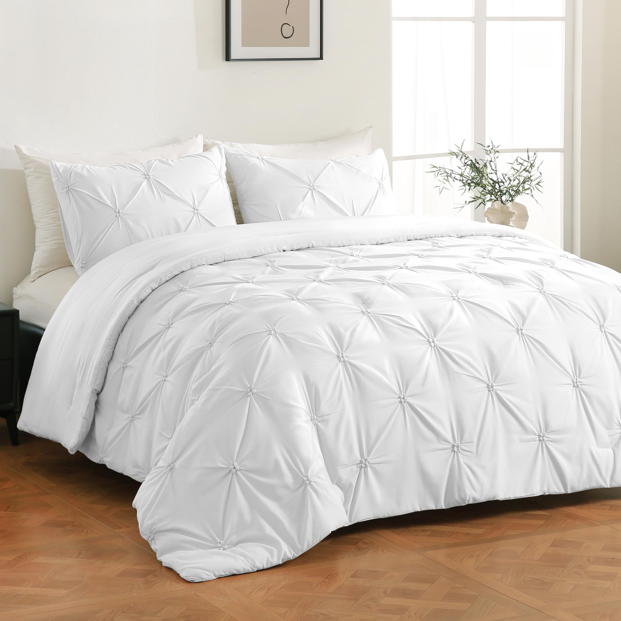 King Size Comforter Set White, 3 Pieces Bed Lightweight Solid Bedding Comforters Sets, All Season Fluffy Down Alternative Comfor