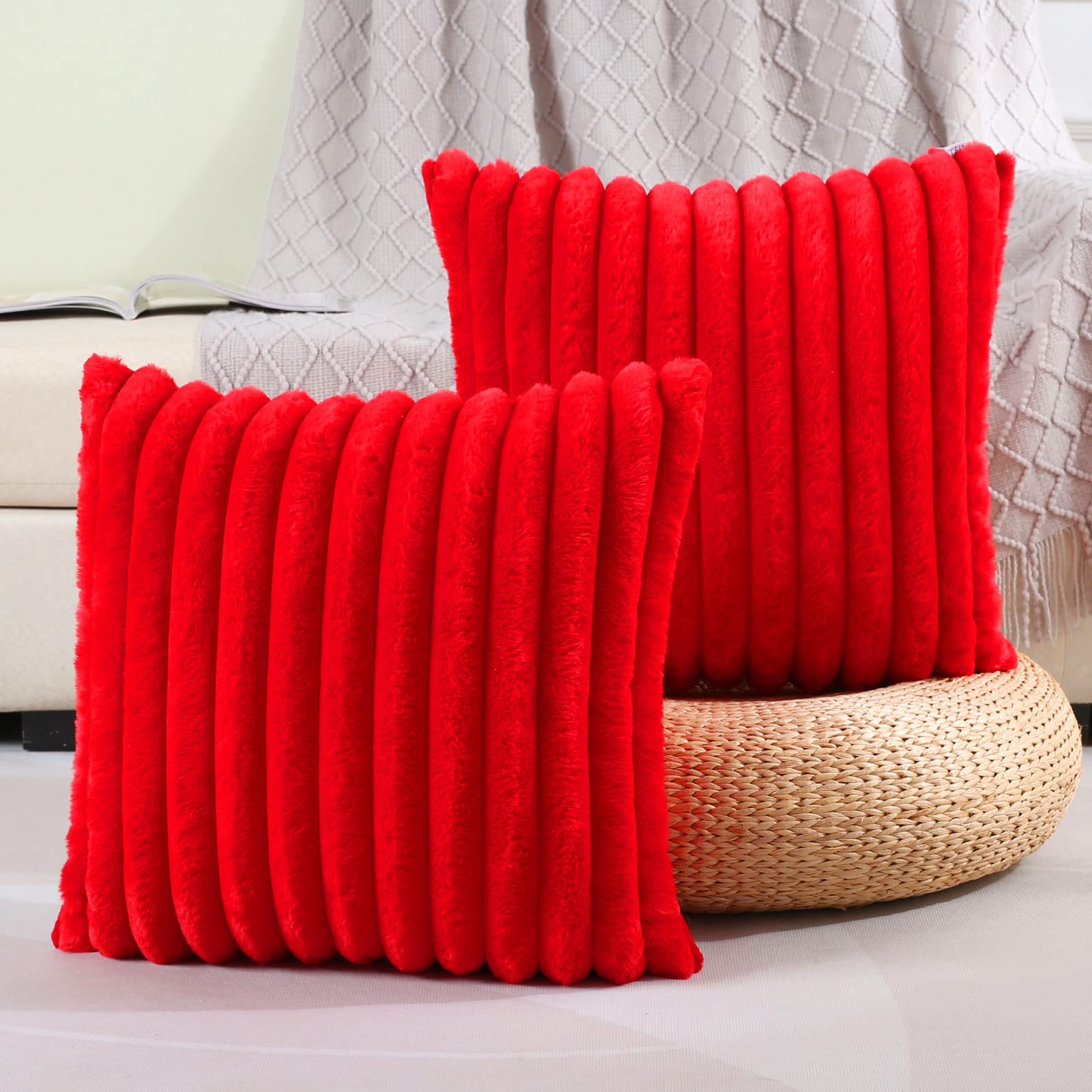 Futei Red Striped Decorative Throw Pillow Covers 20X20 Inch Set Of 2,Square Winter Decorations Couch Pillow Case,Soft Cozy Faux