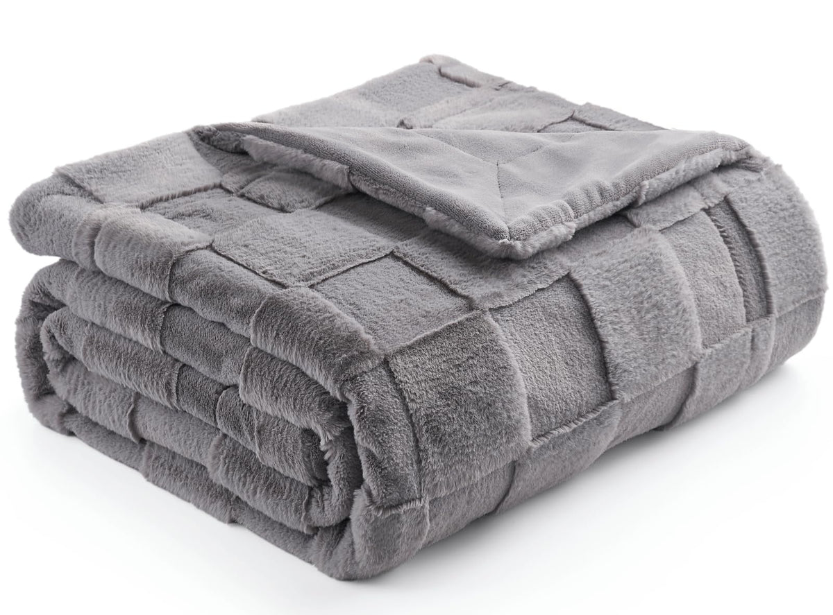 Cozy Bliss Checkered Large Faux Rabbit Fur Grey Twin Lightweight Bed Blanket, Fleece Soft Fuzzy Fluffy Minky Furry Blankets For