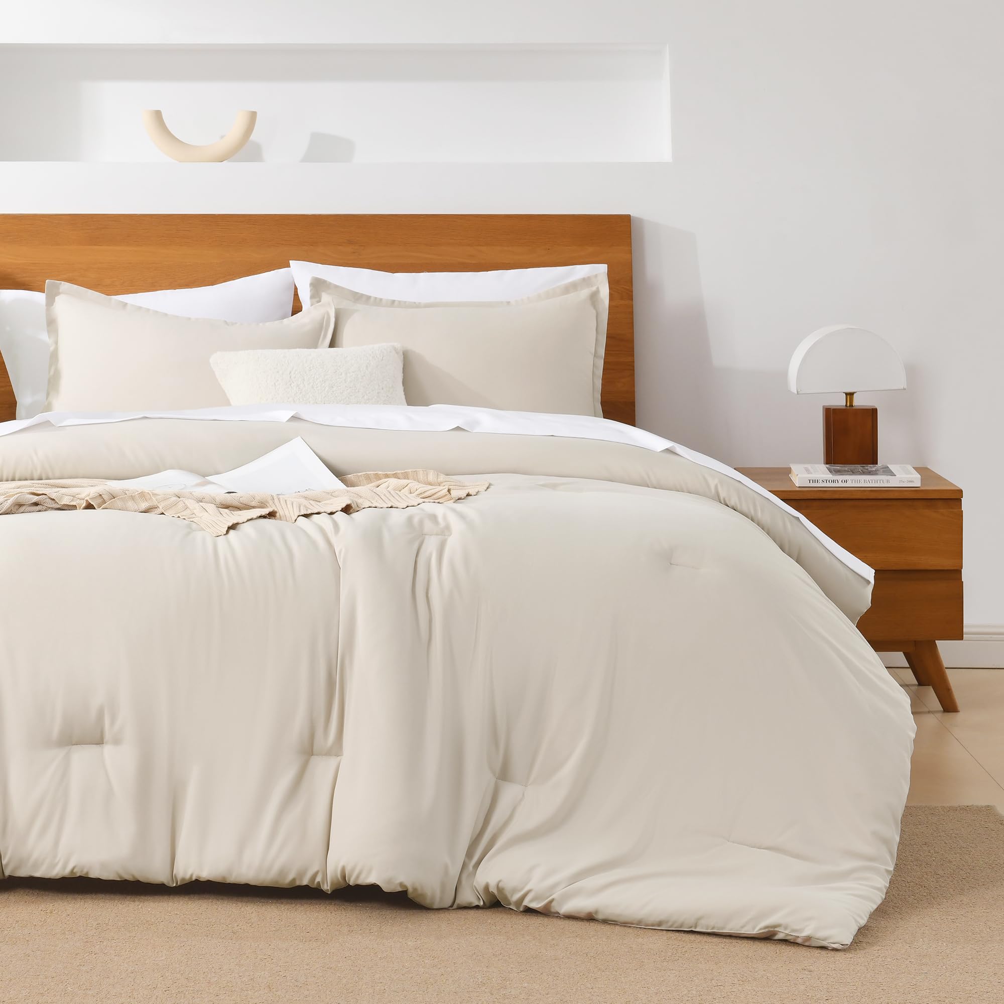 Andency Beige Queen Comforter Set - 7 Pieces Cream Bed In A Bag Queen Bedding Comforter Sets, Summer Solid Soft Lightweight Comforter With Fitted Sheets, Flat Sheets, Pillowcases & Shams