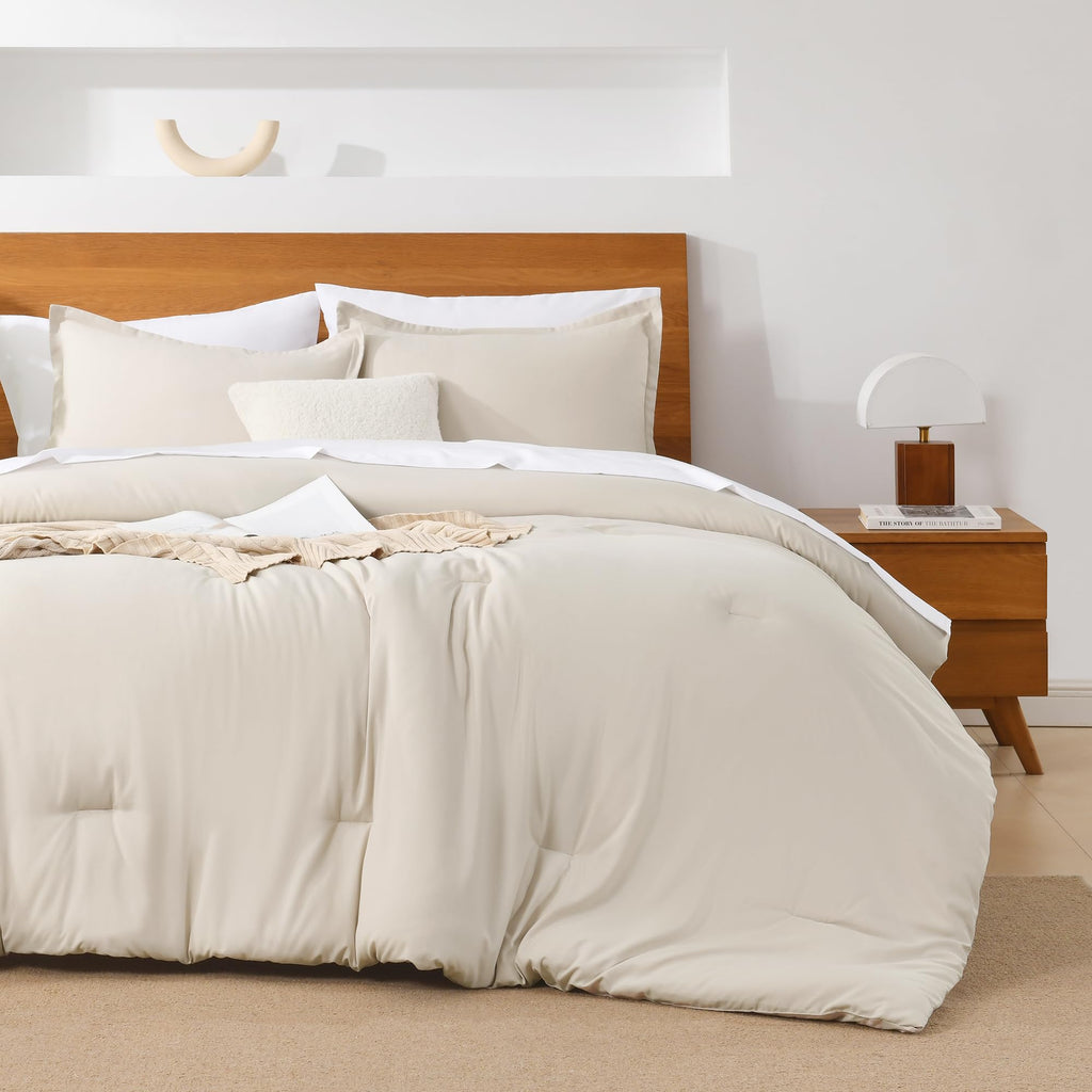 Andency Beige Queen Comforter Set - 7 Pieces Cream Bed In A Bag Queen Bedding Comforter Sets, Summer Solid Soft Lightweight Comforter With Fitted Sheets, Flat Sheets, Pillowcases & Shams