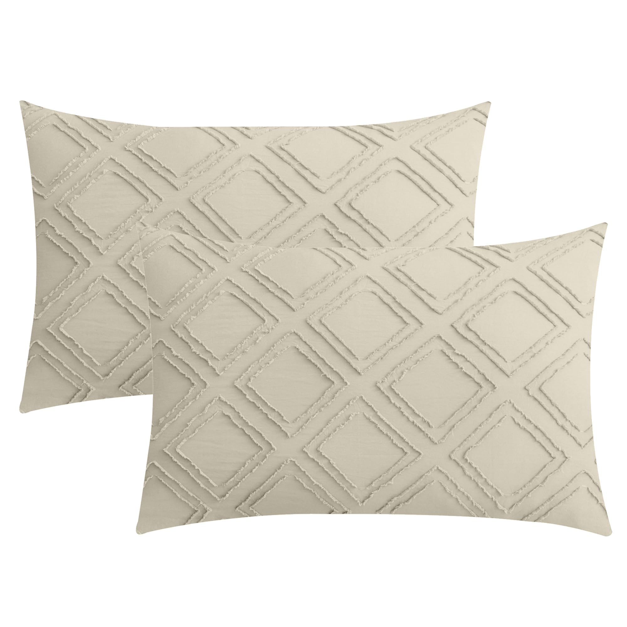 Jellymoni 2 Pack Cream Grey Pillowcases King Size, Soft Microfiber Geometric Tufted Pillow Covers With Envelope Closure (Pillows