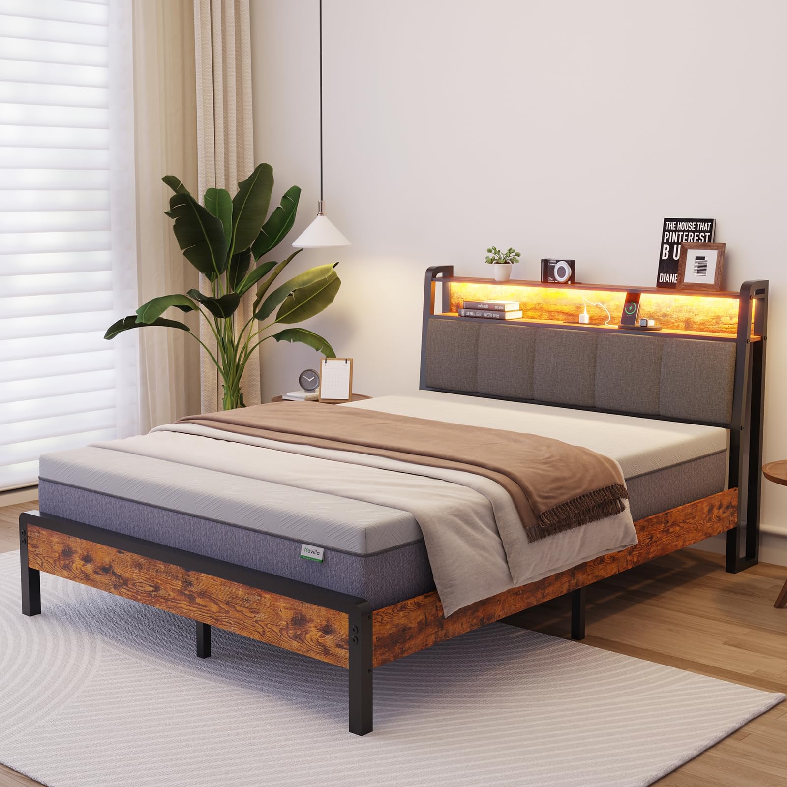 Novilla Full Size Bed Frame, Full Bed Frame Storage Headboard Platform Full Size Metal Bed Frame with RGB Lights and Charging St