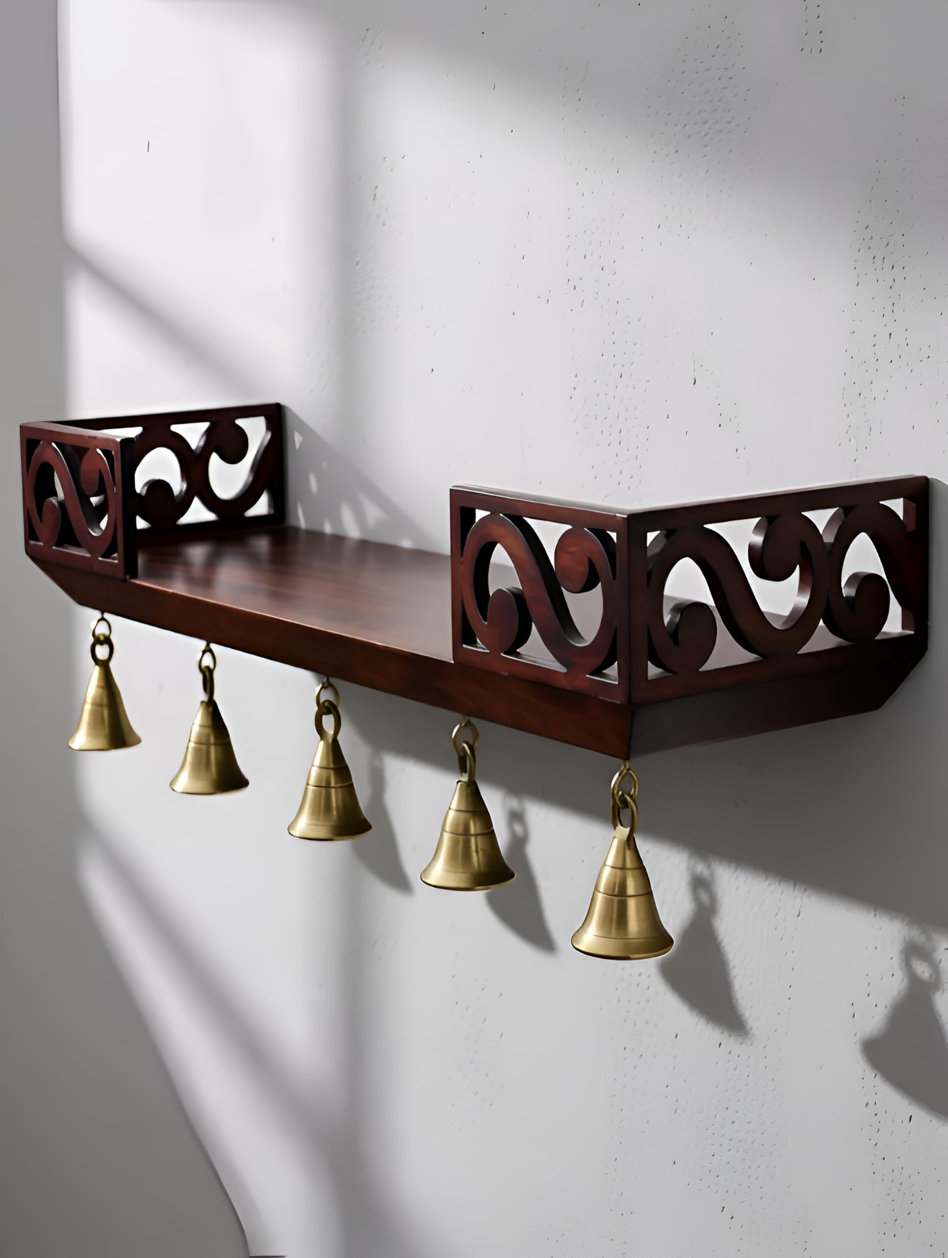 LIBRATRADER | Wooden Wall Shelf with Bells, Traditional Indian Style, Rectangular, Painted Finish | Mandir wall Shelf for Home a