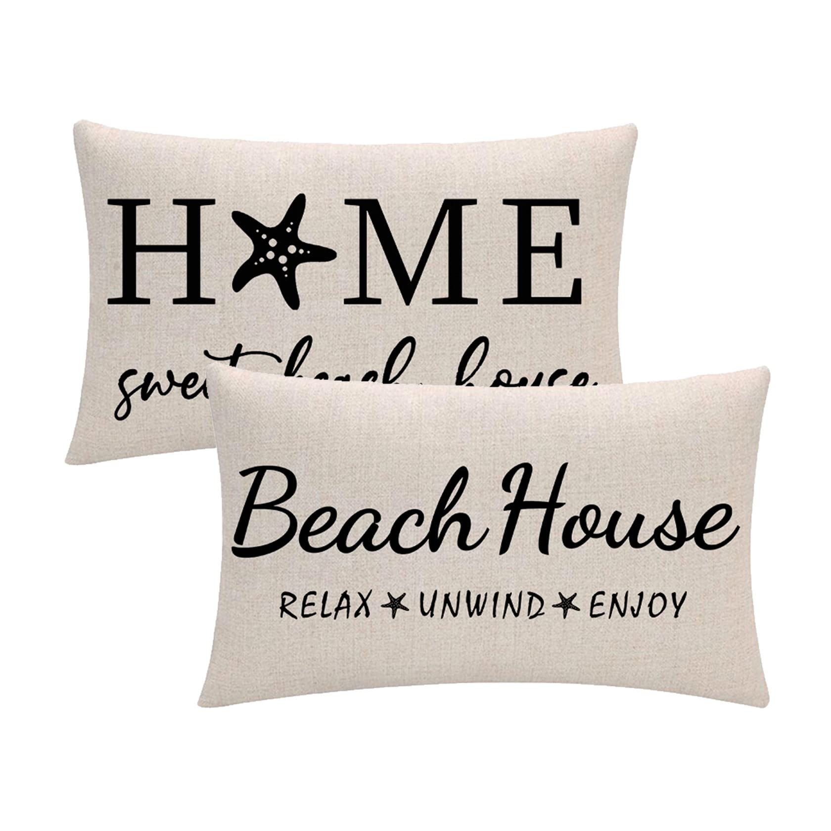 7Colorroom 2Pack Beach House Decor Pillow Covers Relax/Enjoy/Unwind/Starfish Rectangular/Waist Cushion Covers Black Home Sweet H
