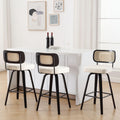 Bekrvio Swivel Bar Height Stools Set Of 3, Upholstered Faux Leather Barstools With Rattan Back, 29' Seat Height Tall Bar Stools For Kitchen Counter, Black Wood Frame, Cream White