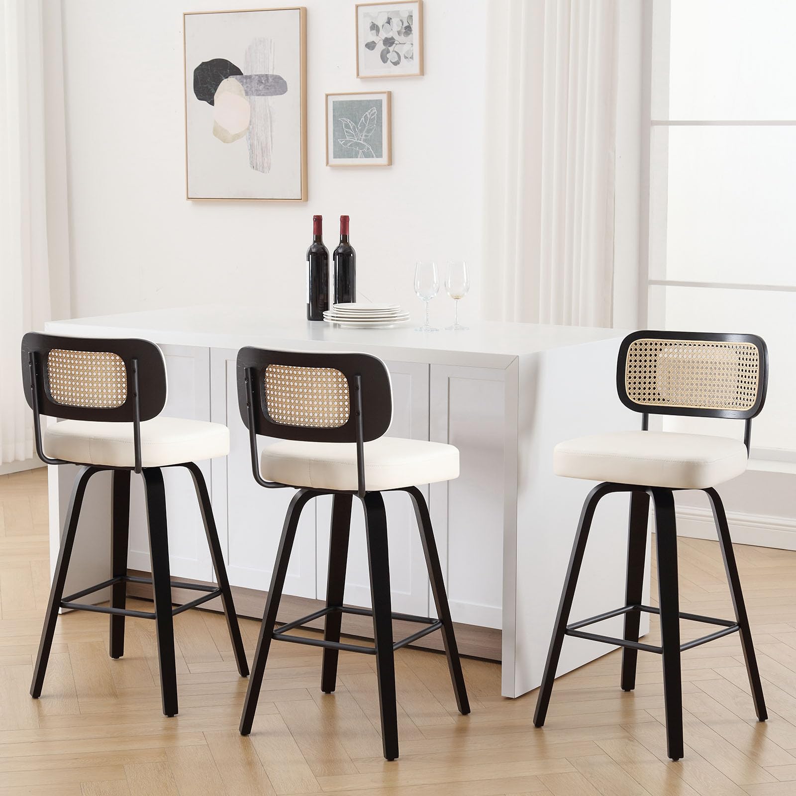 Bekrvio Swivel Bar Height Stools Set Of 3, Upholstered Faux Leather Barstools With Rattan Back, 29' Seat Height Tall Bar Stools For Kitchen Counter, Black Wood Frame, Cream White