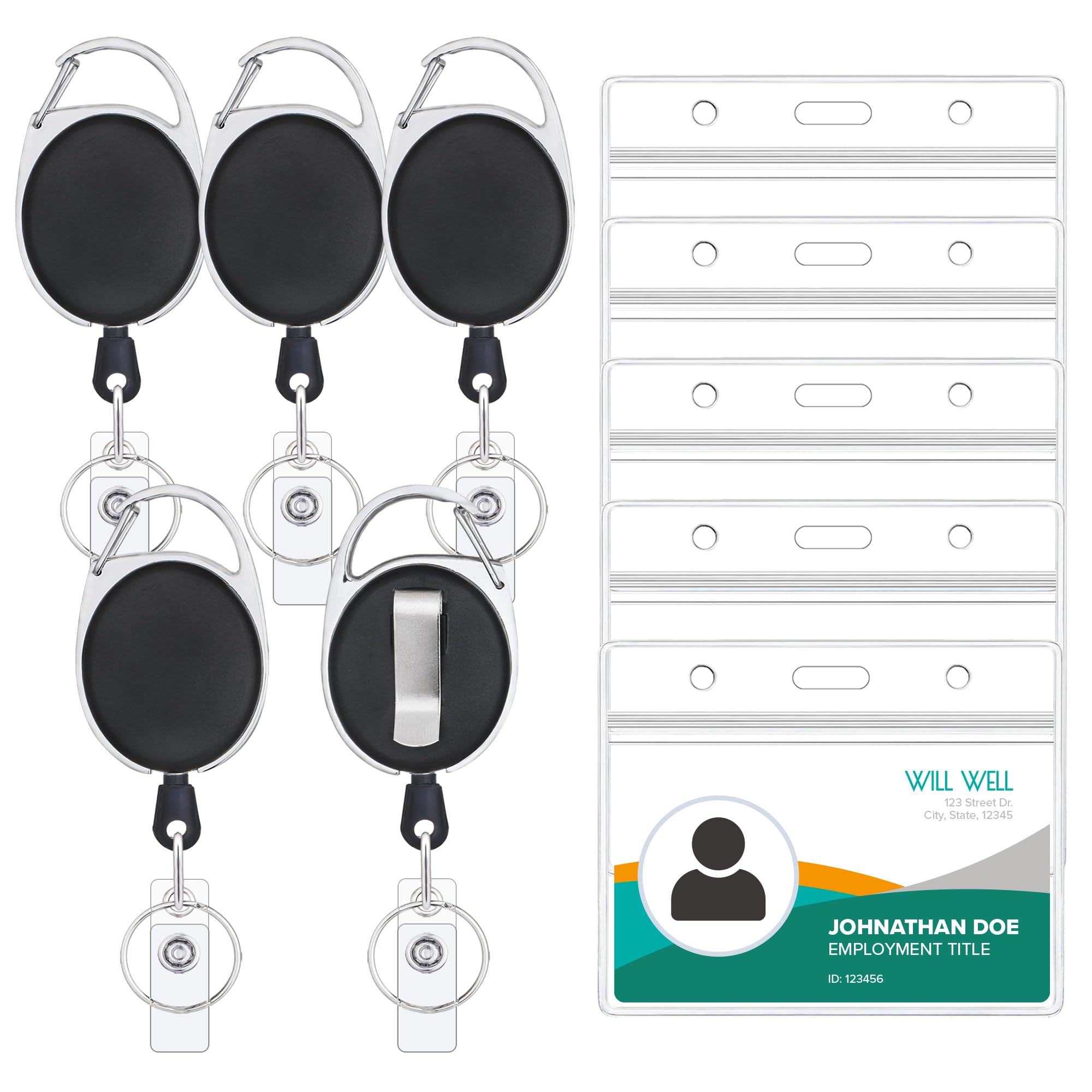 Will Well Id Badge Holders With Clip And Keyring - Horizontal Clear Plastic 3.7' X 2.5' Sleeves Fit Up To 3 Cards - Easy-Acces