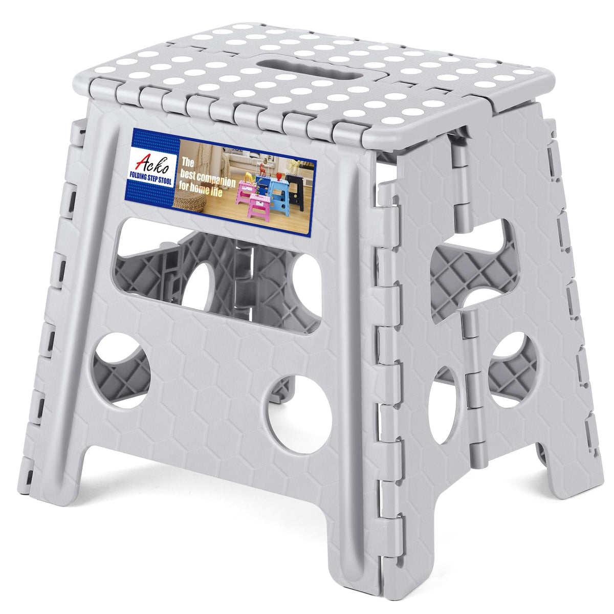 Acko Folding Step Stool Foldable Stool 13 Inch Plastic Stools For Kids And Adults Up To 300 Lbs,Stepping Foot Stool With Portable Handle For Kitchen Closet Bedroom (Grey)