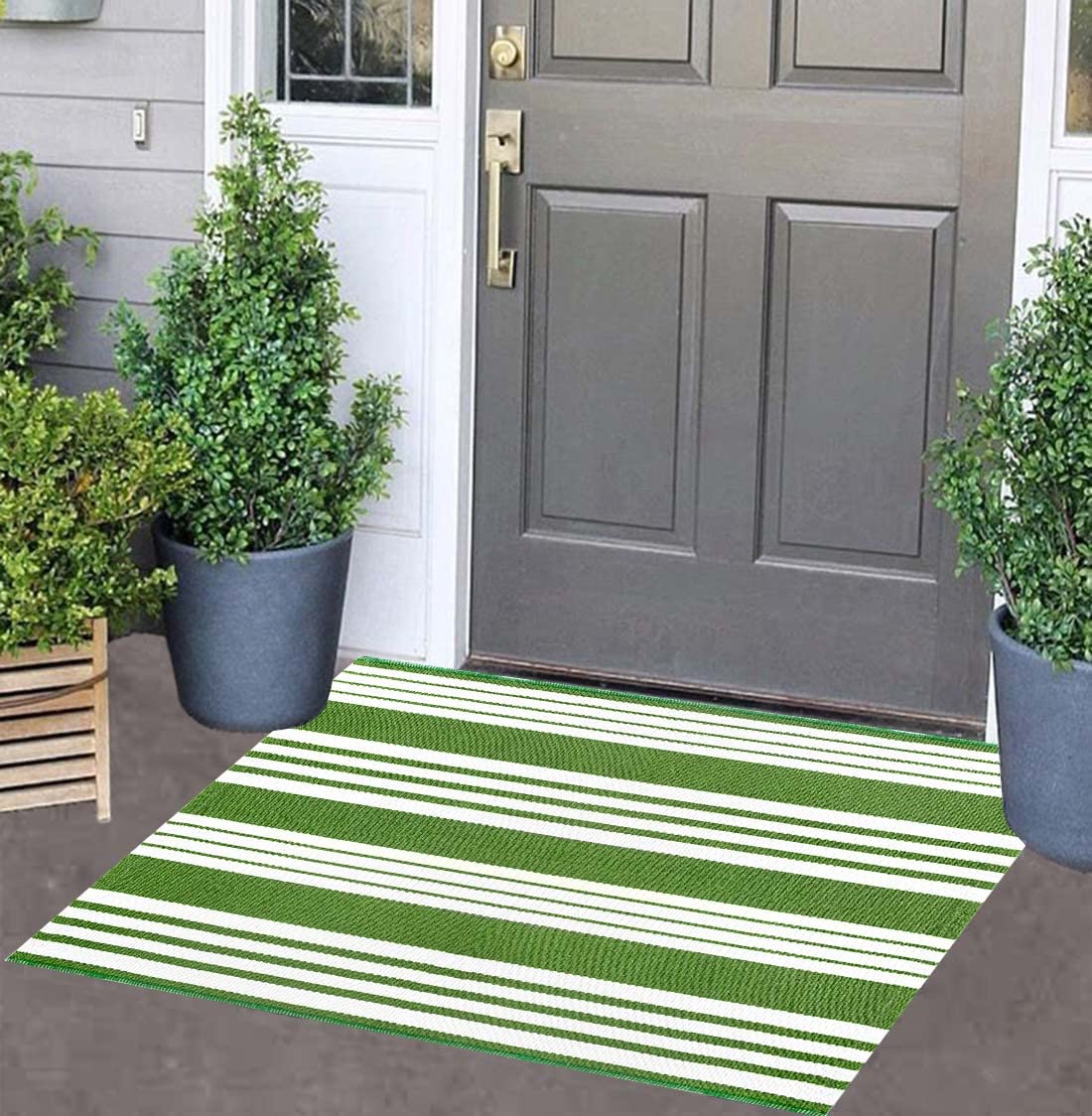 Green and White Striped Outdoor Rug 24 x 35 Door Mat Outdoor Machine Washable Welcome Mats Cotton Hand-Woven Entryway Rug fo
