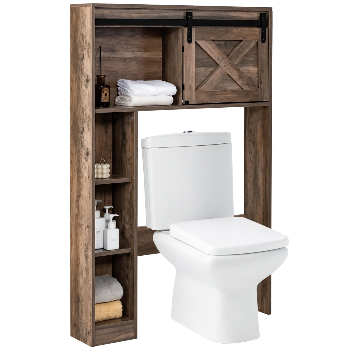 Giantex Over The Toilet Storage Cabinet - Freestanding Bathroom Organizer With Sliding Barn Door & Storage Shelves, Multifunctional Bathroom Toilet Rack For Bathroom, Restroom, Laundry (Brown)