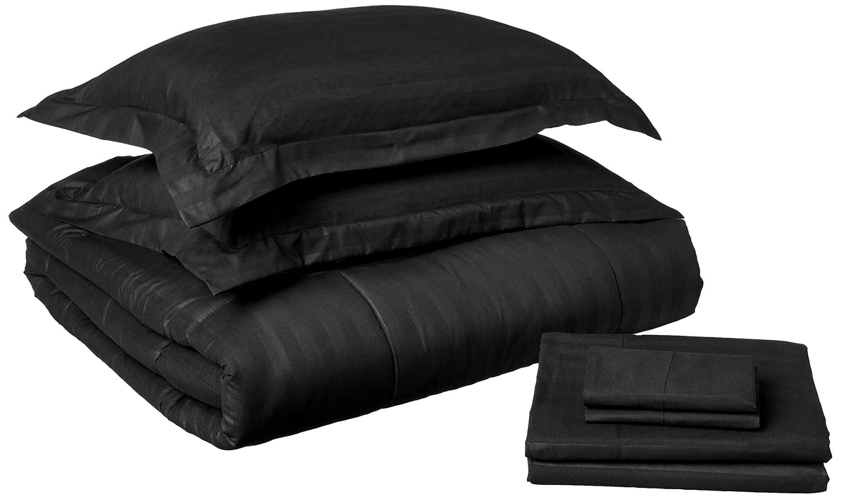 Elegance Linen Wrinkle Resistant - Luxury Silky Soft Dobby Stripe Bed-In-A-Bag 8-Piece Comforter Set - Full/Queen, Black