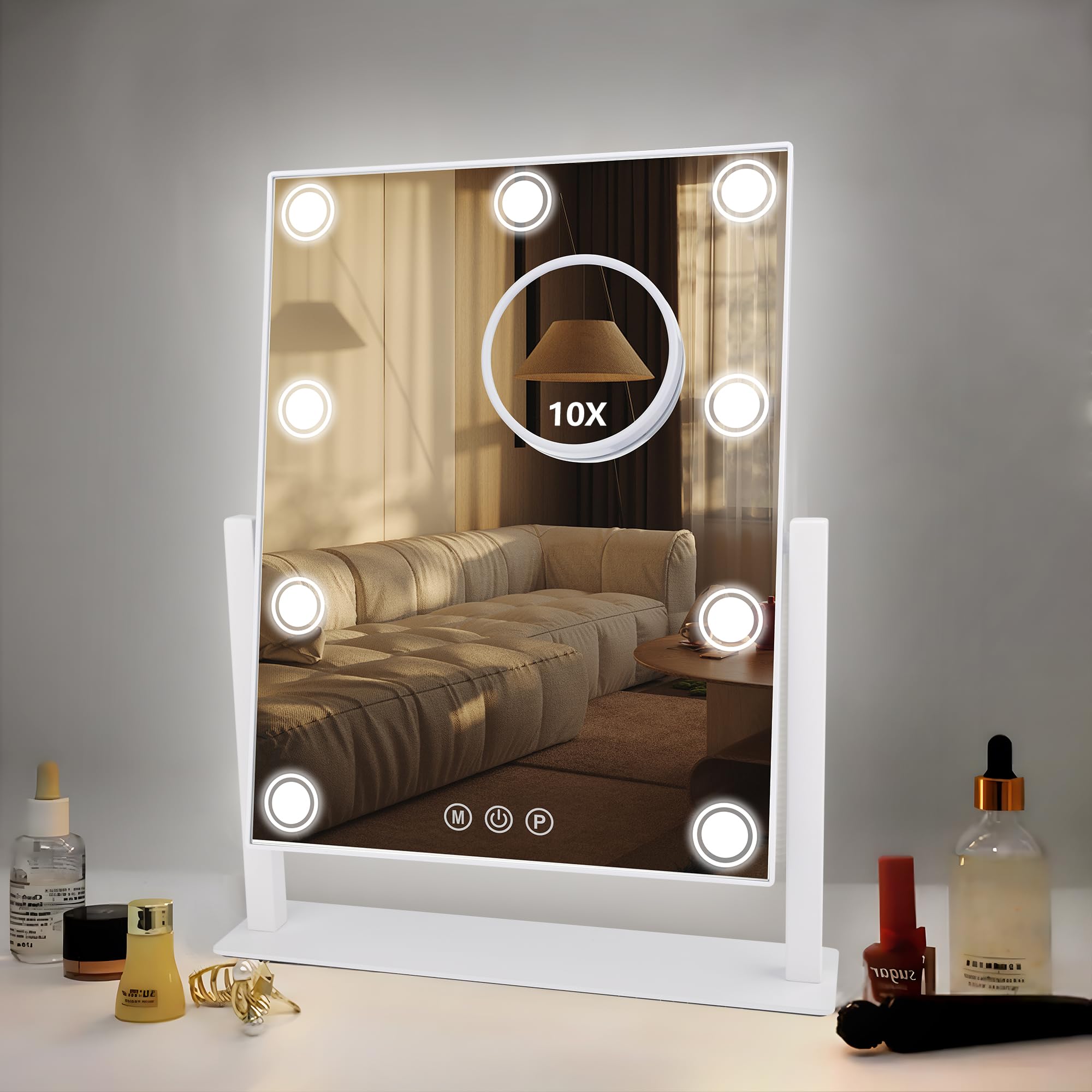 SLIMOON Lighted Makeup Mirror, 14'x 12' Hollywood Vanity Mirror with 9 LED Bulbs, 3 Color Lights, and Detachable 10X Magnifica