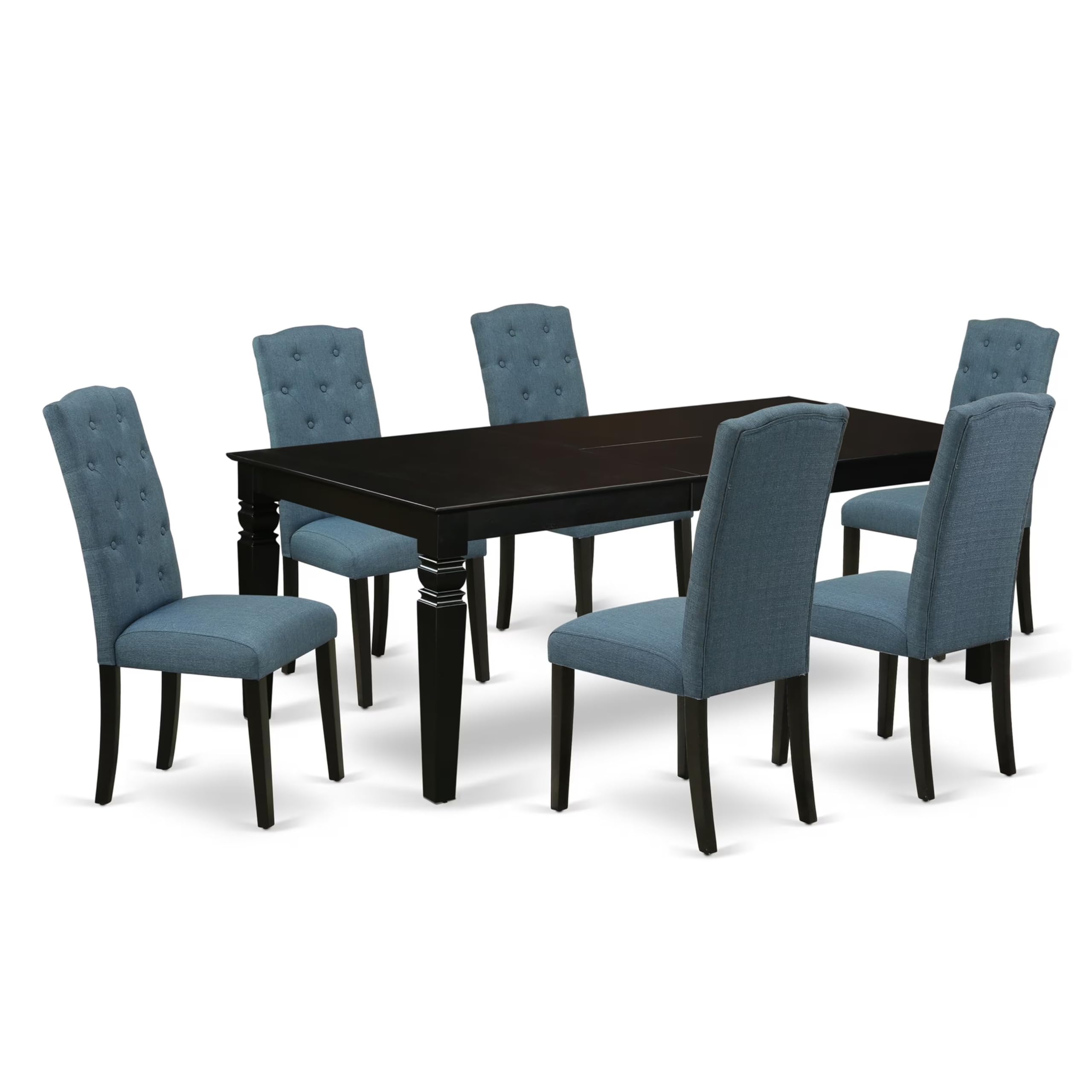 East West Furniture Lgce7-Blk-21 7 Piece Modern Dining Set Consist Of A Rectangle Dining Table With Butterfly Leaf And 6 Mineral Blue Linen Fabric Upholstered Chairs, 42X84 Inch, Black