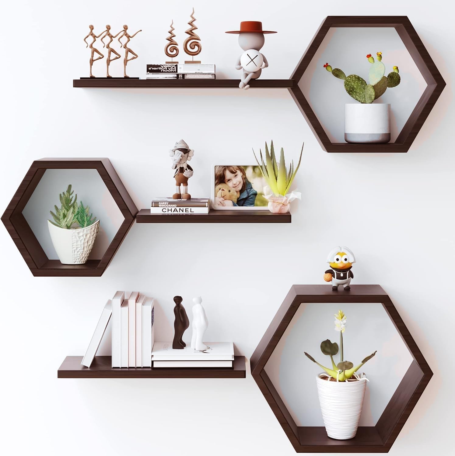 Dream Decor Shoppee Engineered Wood Woden Hexagonal Shape Wall Hanging Rack Floating Shelves For Display For Photos,Plants Livin