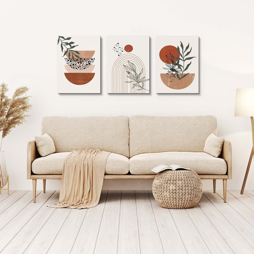 Boho Wall Art Prints, Boho Wall Decor, Abstract Geometric Prints Black Beige Terracotta Minimalist Art, Natural Framed Canvas Pr