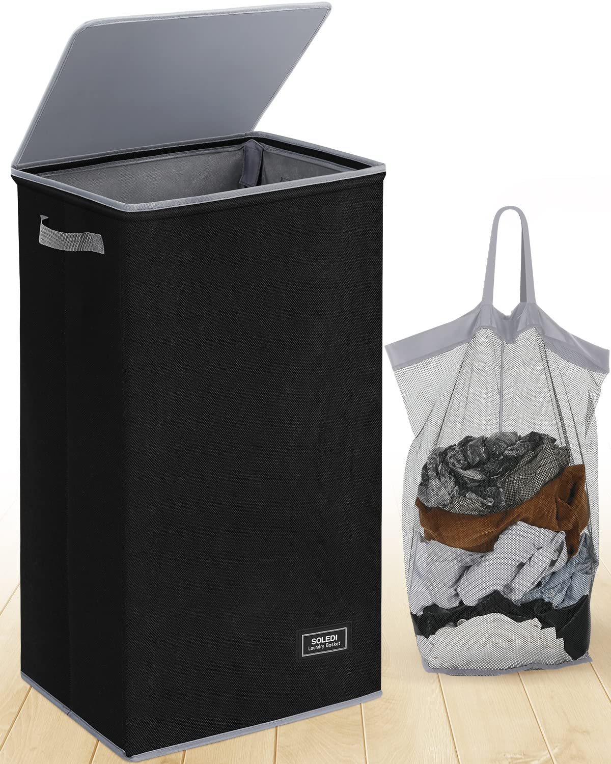SOLEDI Laundry Hamper Black with Lid and Removable Bag - 100L Large and Tall Laundry Basket Collapsible with Handle for Clothing
