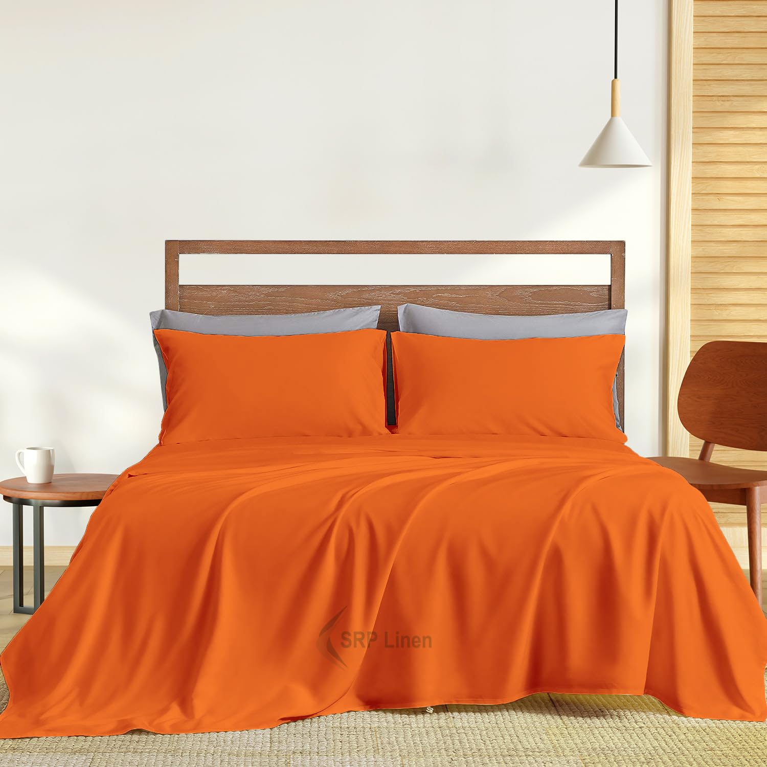 Srp Linen 800-Thread-Count 4-Piece Luxurious Super Soft Sheet Set Fits 22' Extra Large Deep Pocket King Size Camillia Orange So