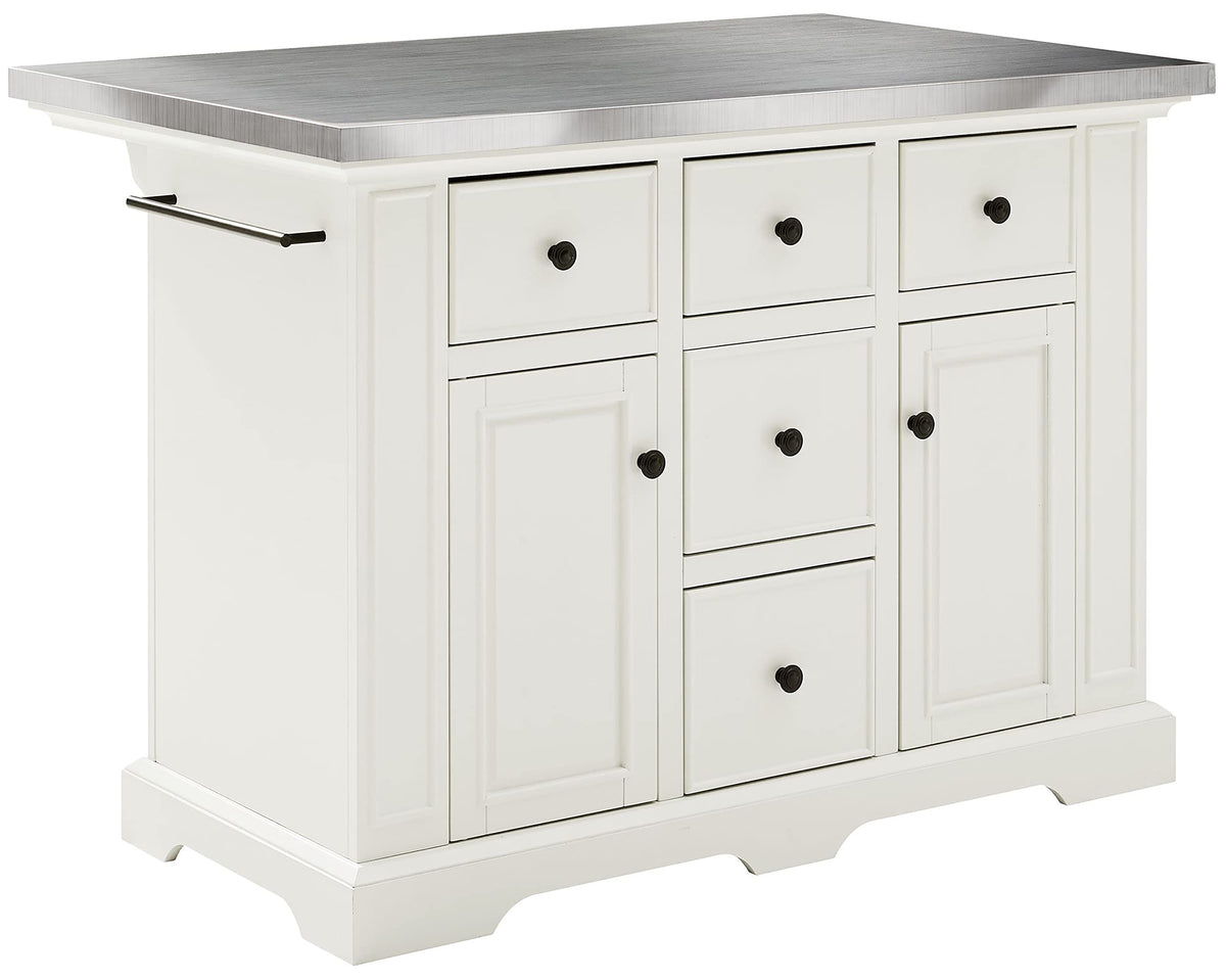 Crosley Furniture Julia Stainless Steel Top Kitchen Island with Storage Drawers, Shelves, and Spice Rack, White