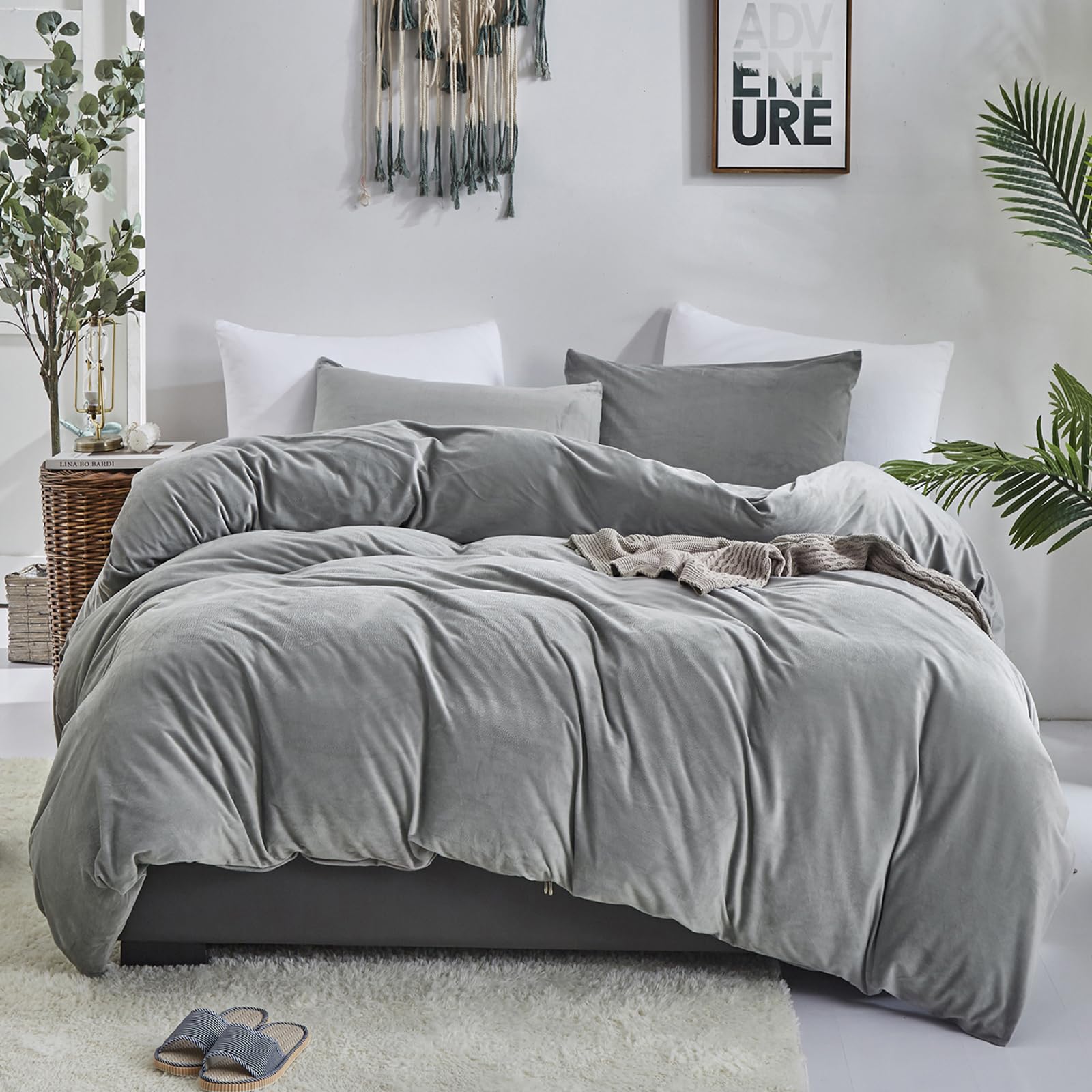 Luxlovery Grey Velvet Comforter Set Queen Men Women Plush Fluffy Dark Grey Bedding Comforter Set Micromink Flannel Heavyweight W