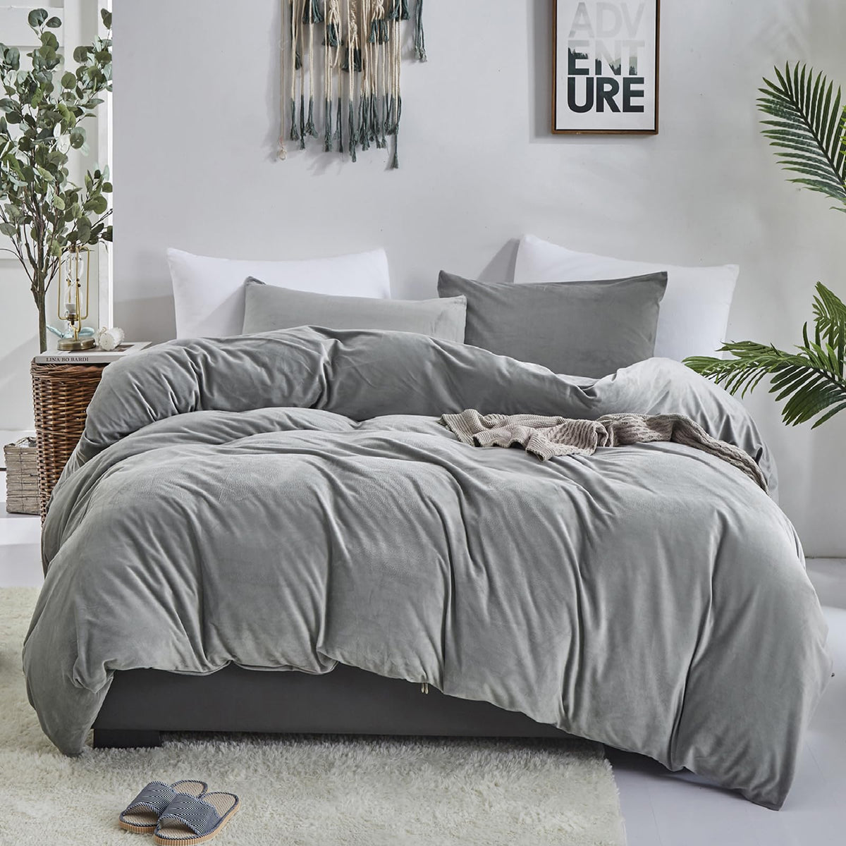 Luxlovery Grey Velvet Comforter Set California King Gray Plush Fluffy Bedding Comforter Set Cal King Light Grey Winter Warm Flan