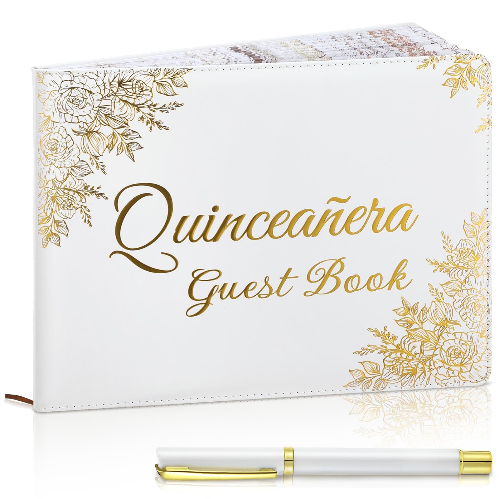 MotiMind Quinceaera Guest Book with Pen 11 x 8 Inch Libro De Firmas Para 15 Aos Quinceanera Leather Hardcover Signature Book Gue