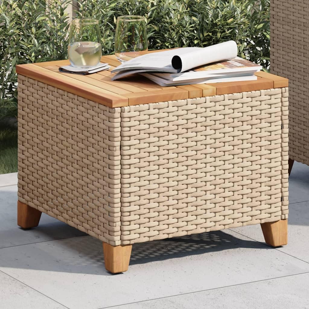 vidaXL Patio Table - Beige/Brown - 17.7&quot;x17.7&quot;x14.6&quot; - Poly Rattan & Acacia Wood - UV-Resistant - Easy to Assemble