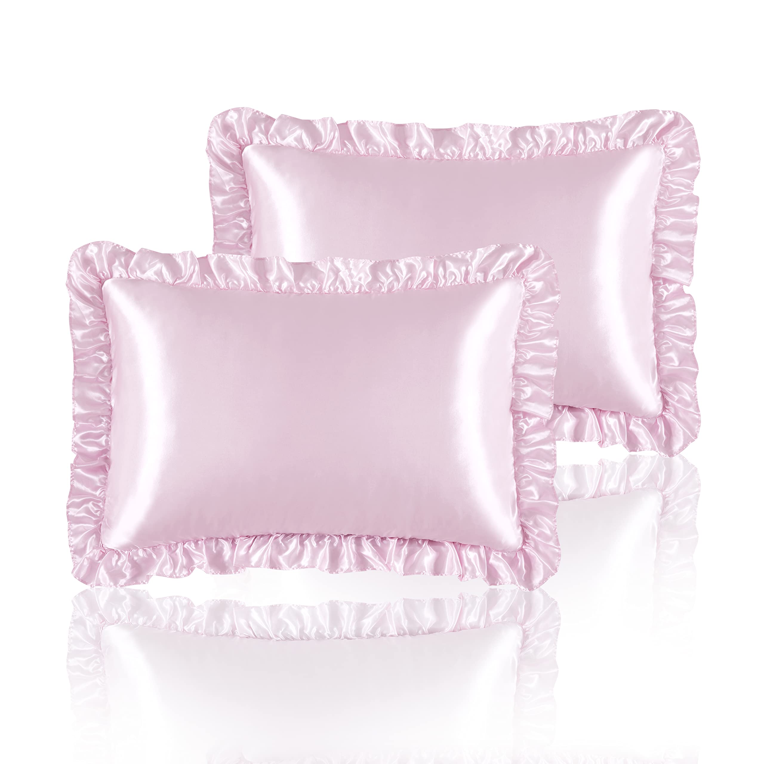 Hommxjf Silky Satin Ruffled Pillow Cases For Hair And Skin,Pink Silk Pillowcases Queen Set Of 2 With Envelope Closure Princess R