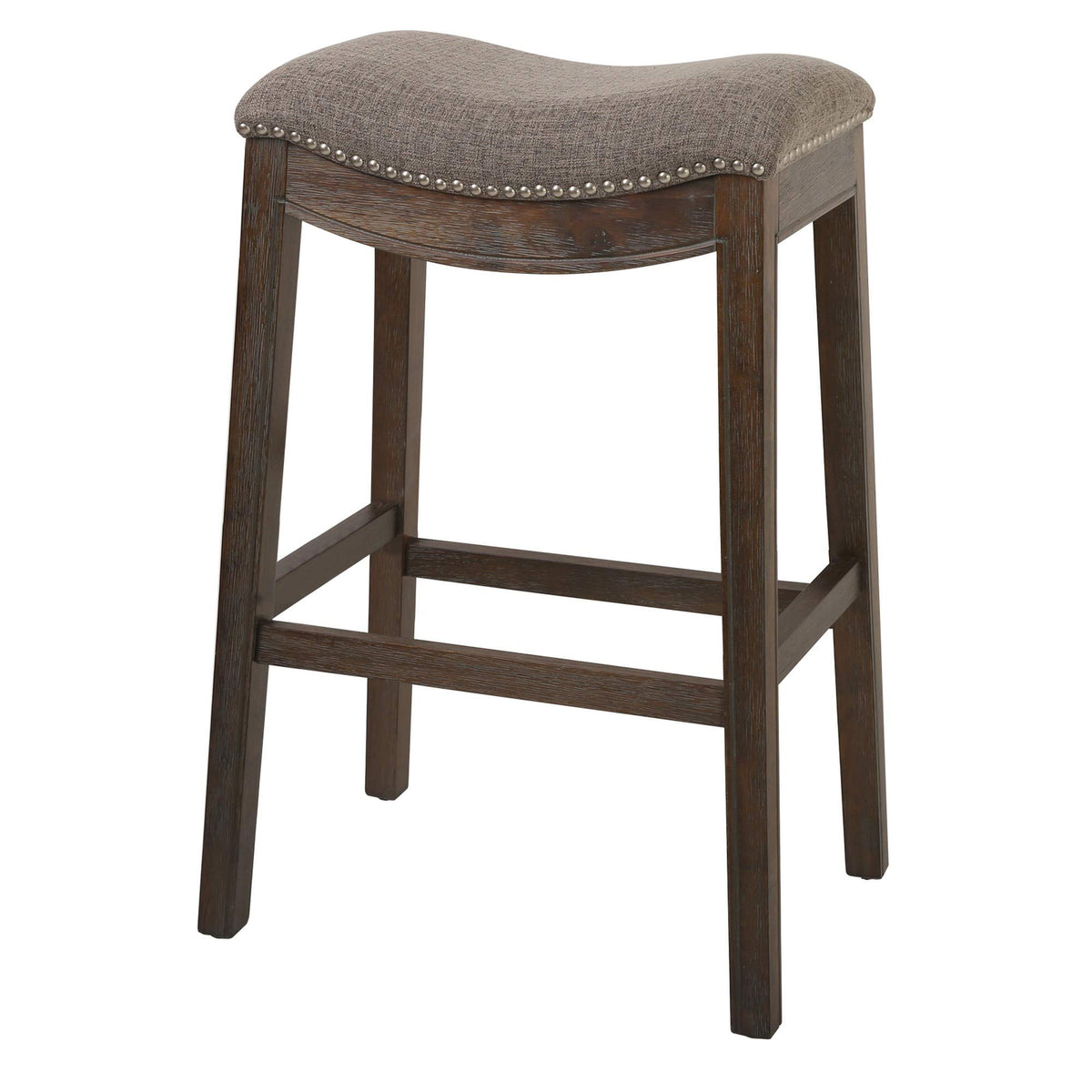 HomeRoots Bar Height Saddle Style Counter Stool with Taupe Fabric and Nail Head Trim