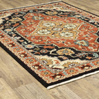 HomeRoots 509231 8 x 11 ft. Black Orange & Beige Oriental Power Loom Stain Resistant Rectangle Area Rug with Fringe