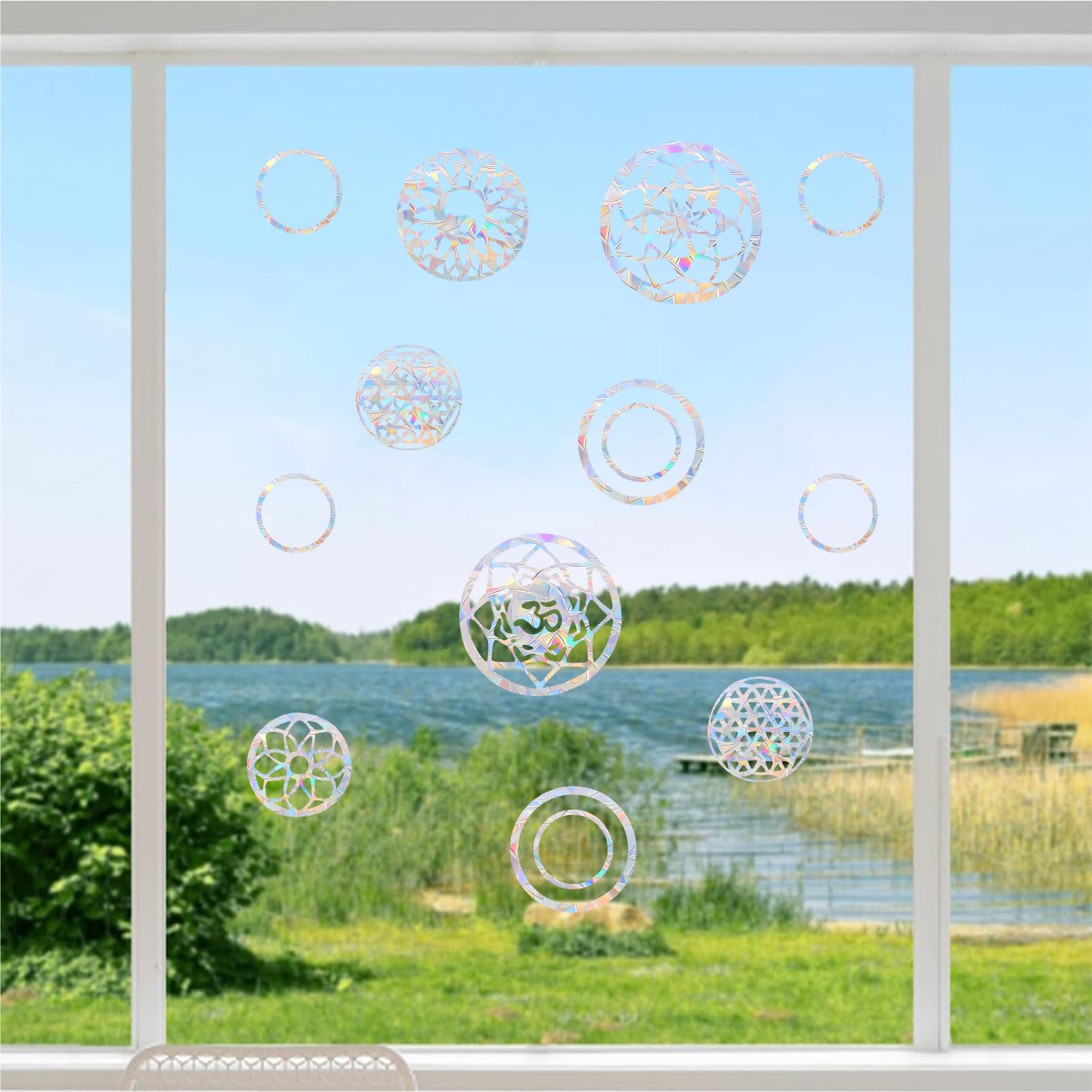 Shawula 18Pcs Mandala Window Clings Anti-Collision Window Decals To Save Birds From Window Collisions,Non Adhesive Prismatic Vin