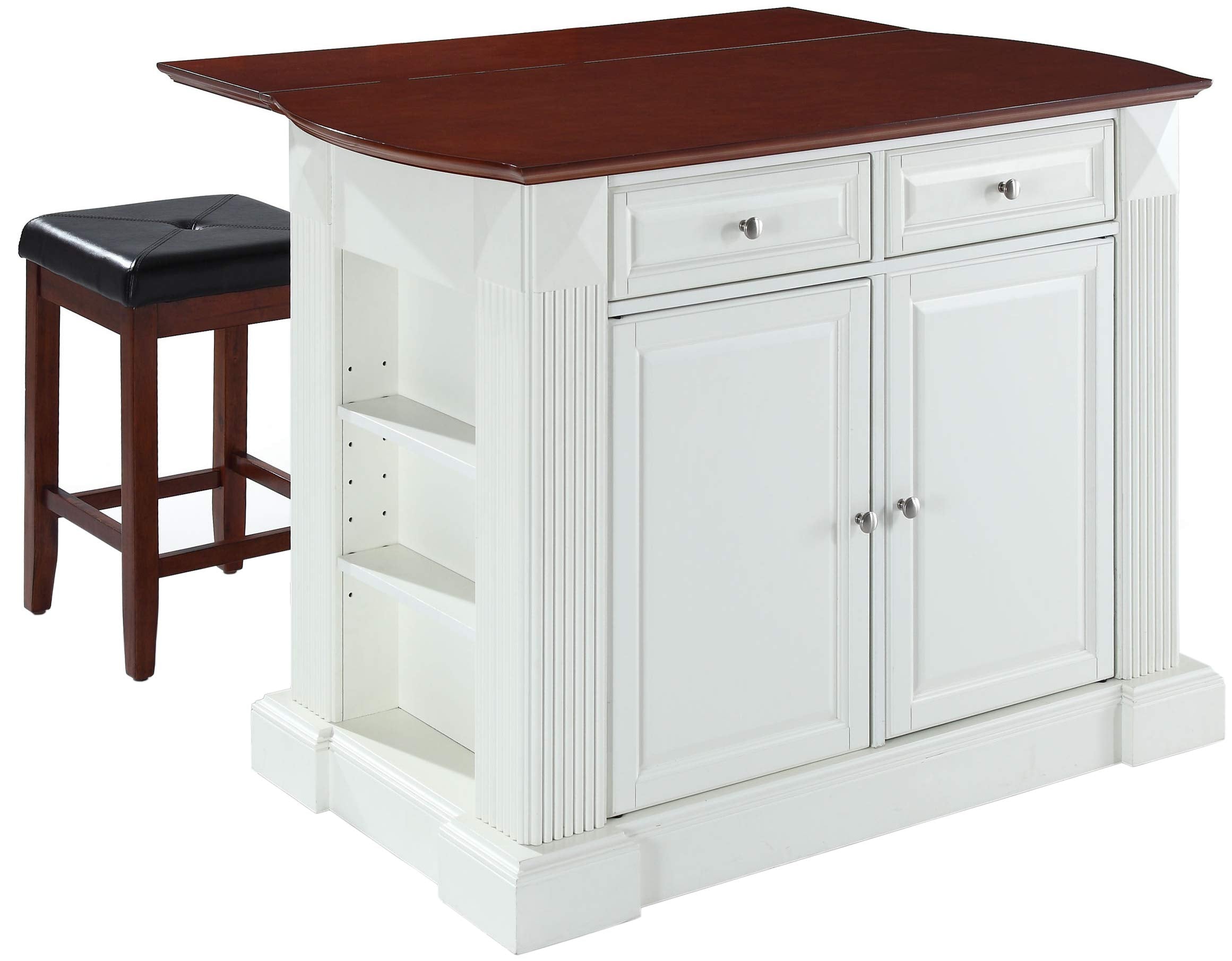 Crosley Furniture Drop Leaf Kitchen Island/Breakfast Bar With 24-Inch Upholstered Square Seat Stools, White/Classic Cherry