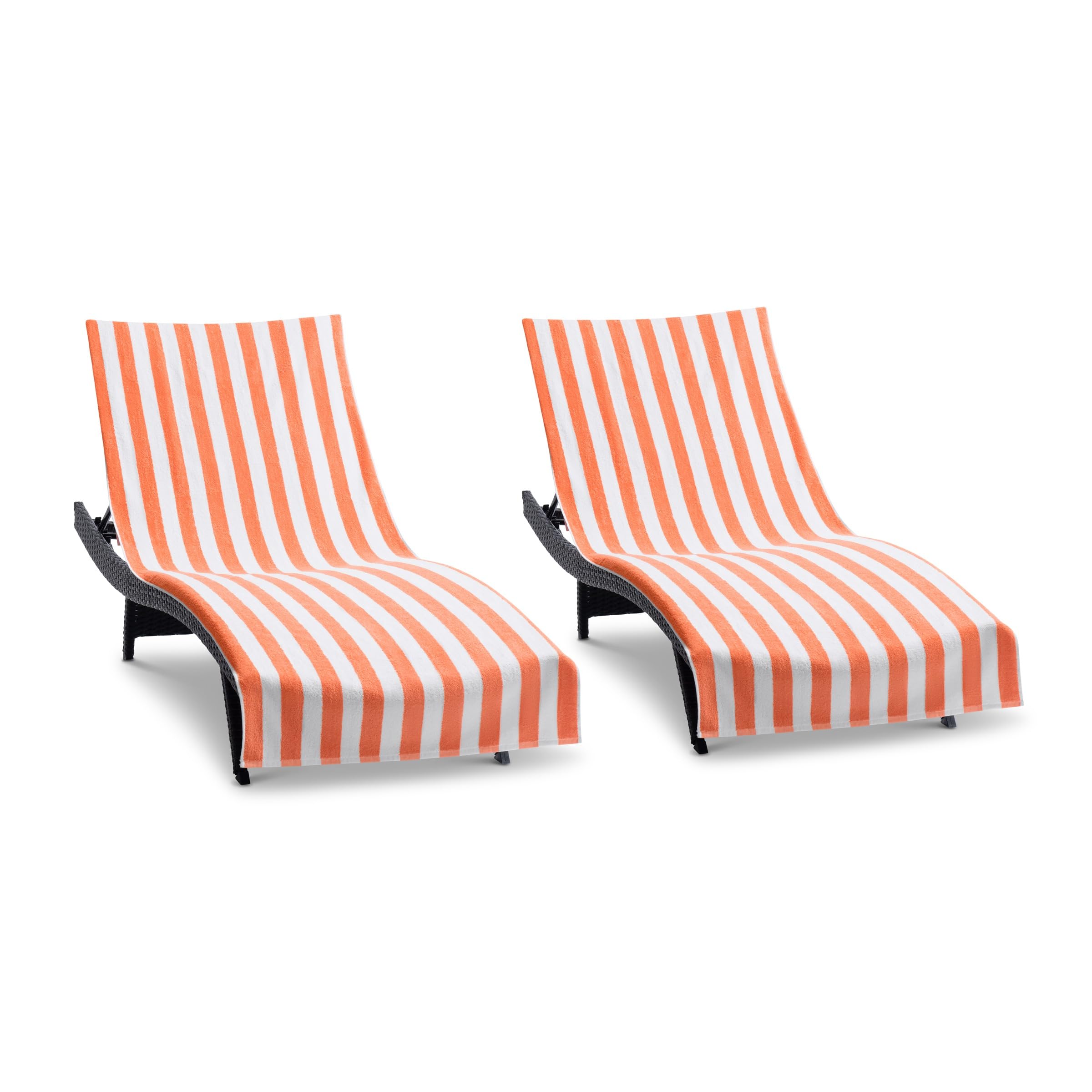Arkwright California Chaise Lounge Cover - Pack Of 2 - Striped Soft Cotton Cabana Towel With Pocket Holder For Beach Pool Outdoor Chair, 30 X 85 In., Coral