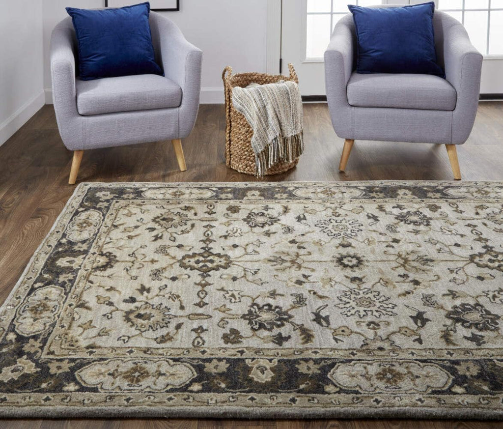 HomeRoots 511274 8 x 11 ft. Gray Ivory & Taupe Wool Floral Hand Tufted Handmade Stain Resistant Rectangle Area Rug