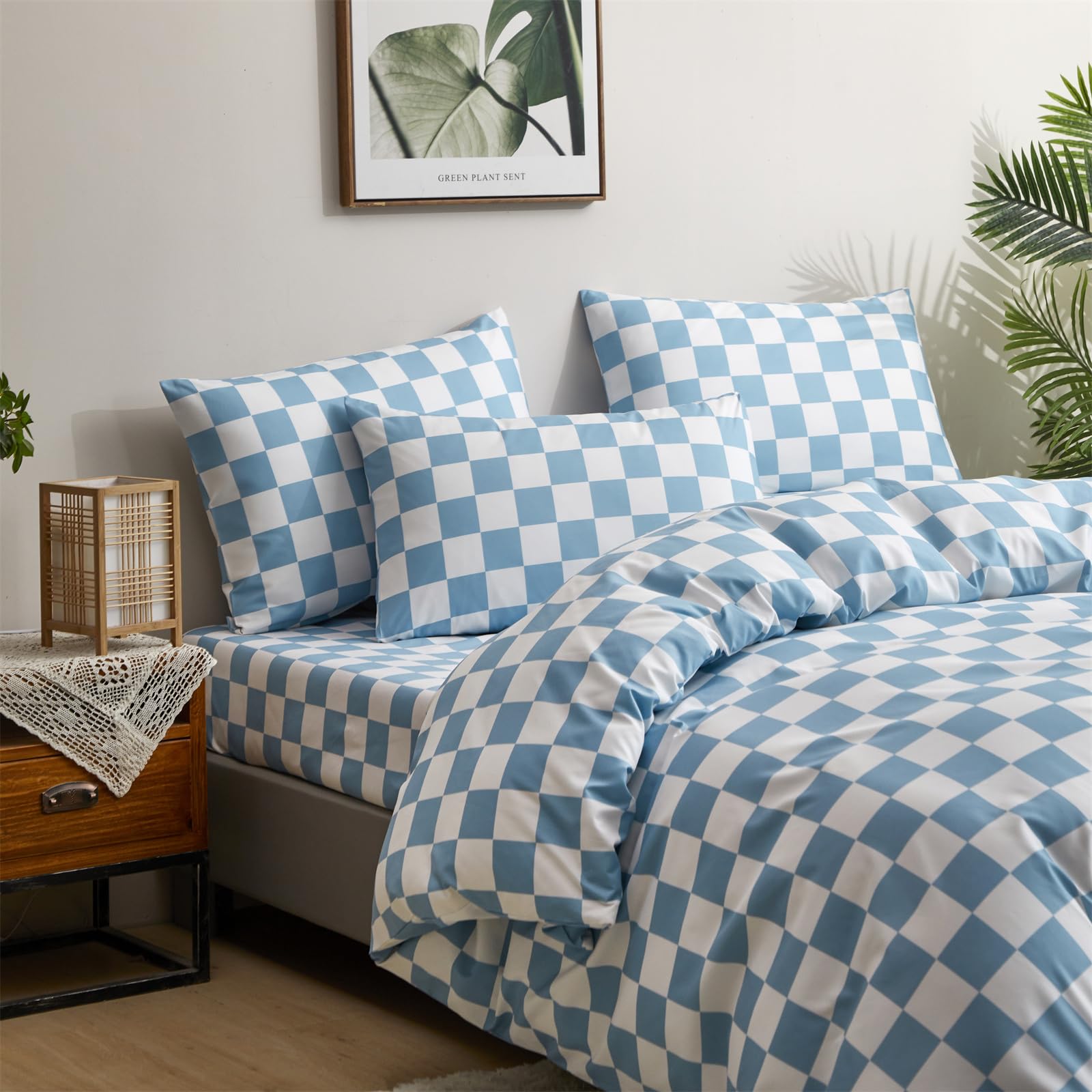Clothknow Blue Plaid Comforter Set Twin 3Pcs Blue White Bedding Comforter Sets Light Blue Grid Comforter Soft Lake Blue Comforter Sets Twin